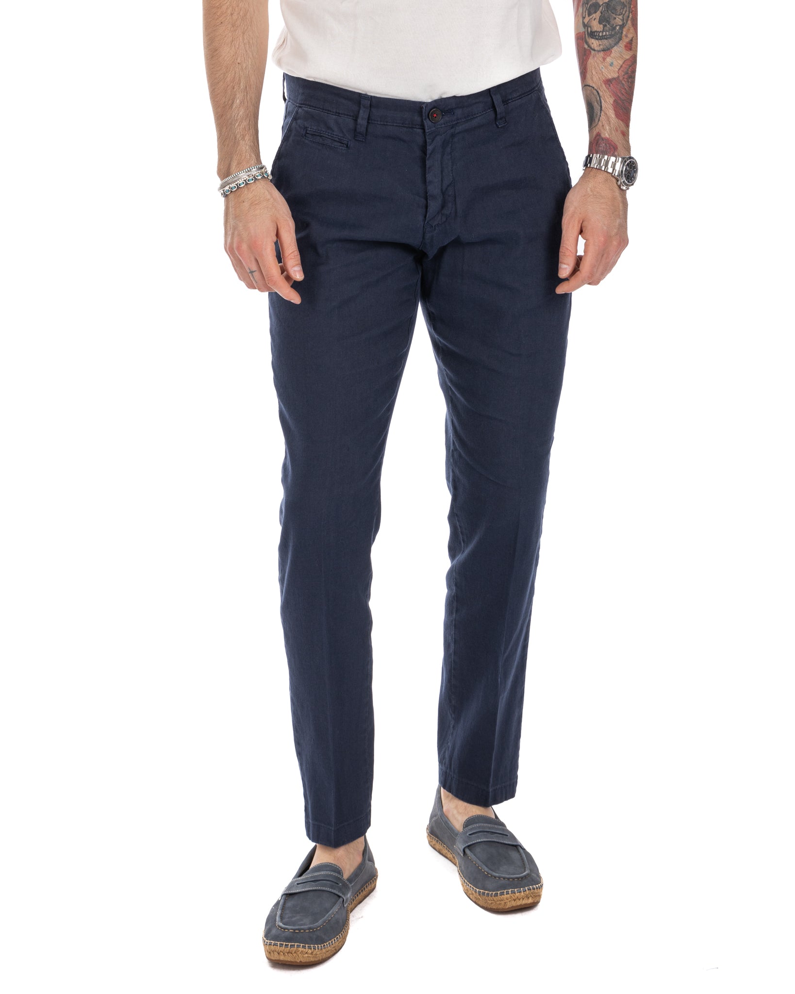 Didier - pantalone blu in lino stretch