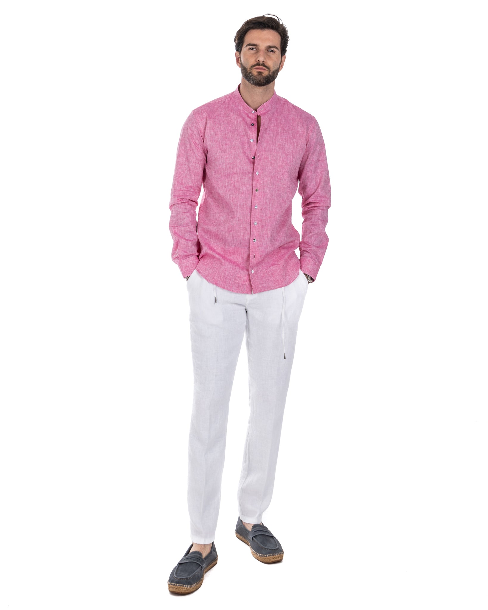 Positano - camicia coreana in lino fucsia