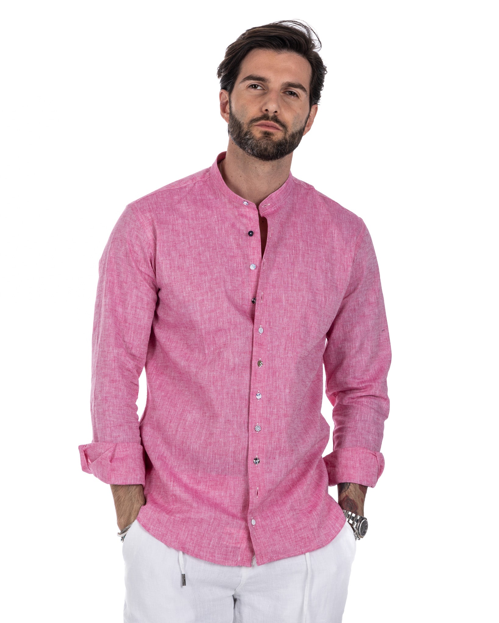 Positano - camicia coreana in lino fucsia