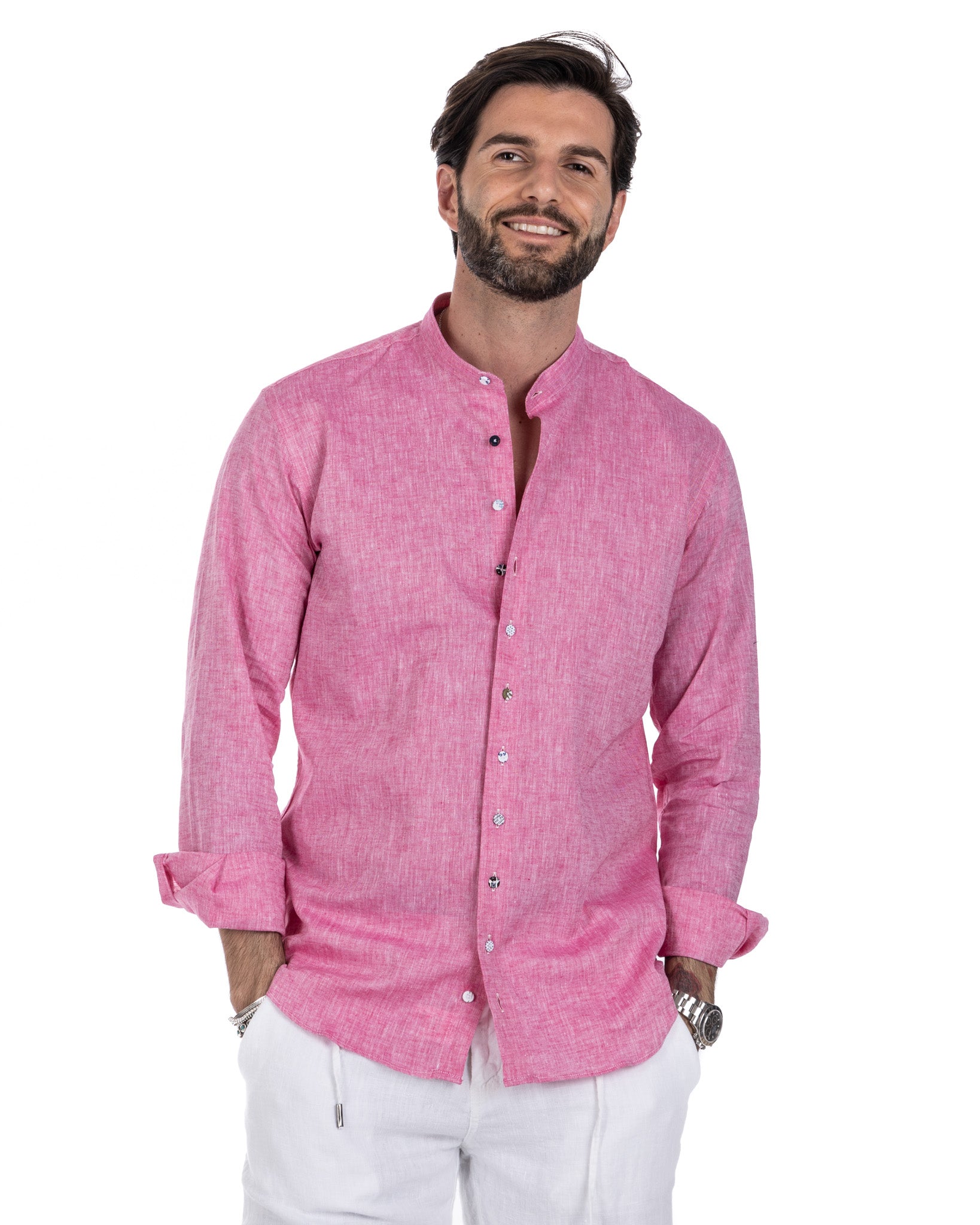 Positano - camicia coreana in lino fucsia