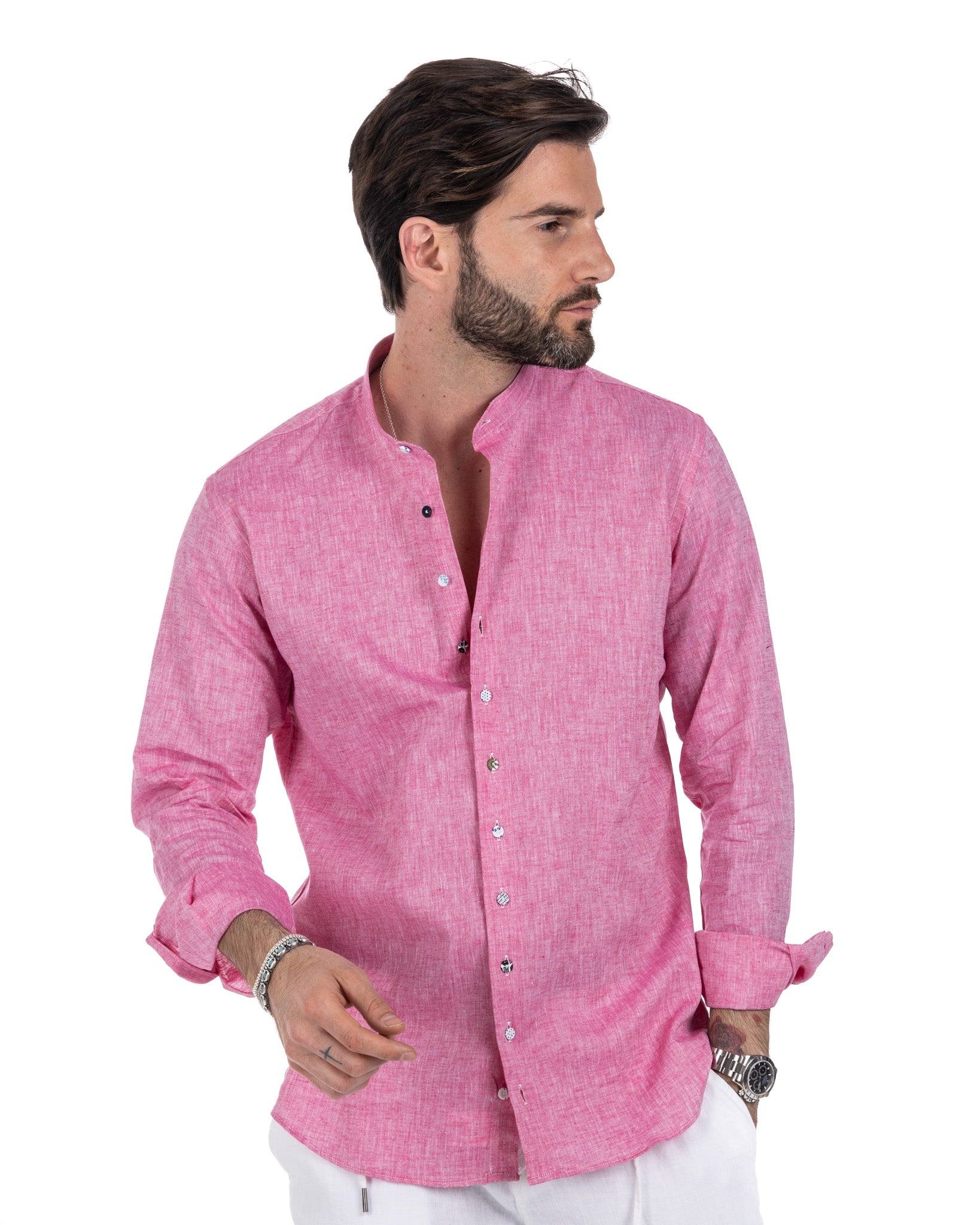 Positano - chemise coréenne en lin fuchsia