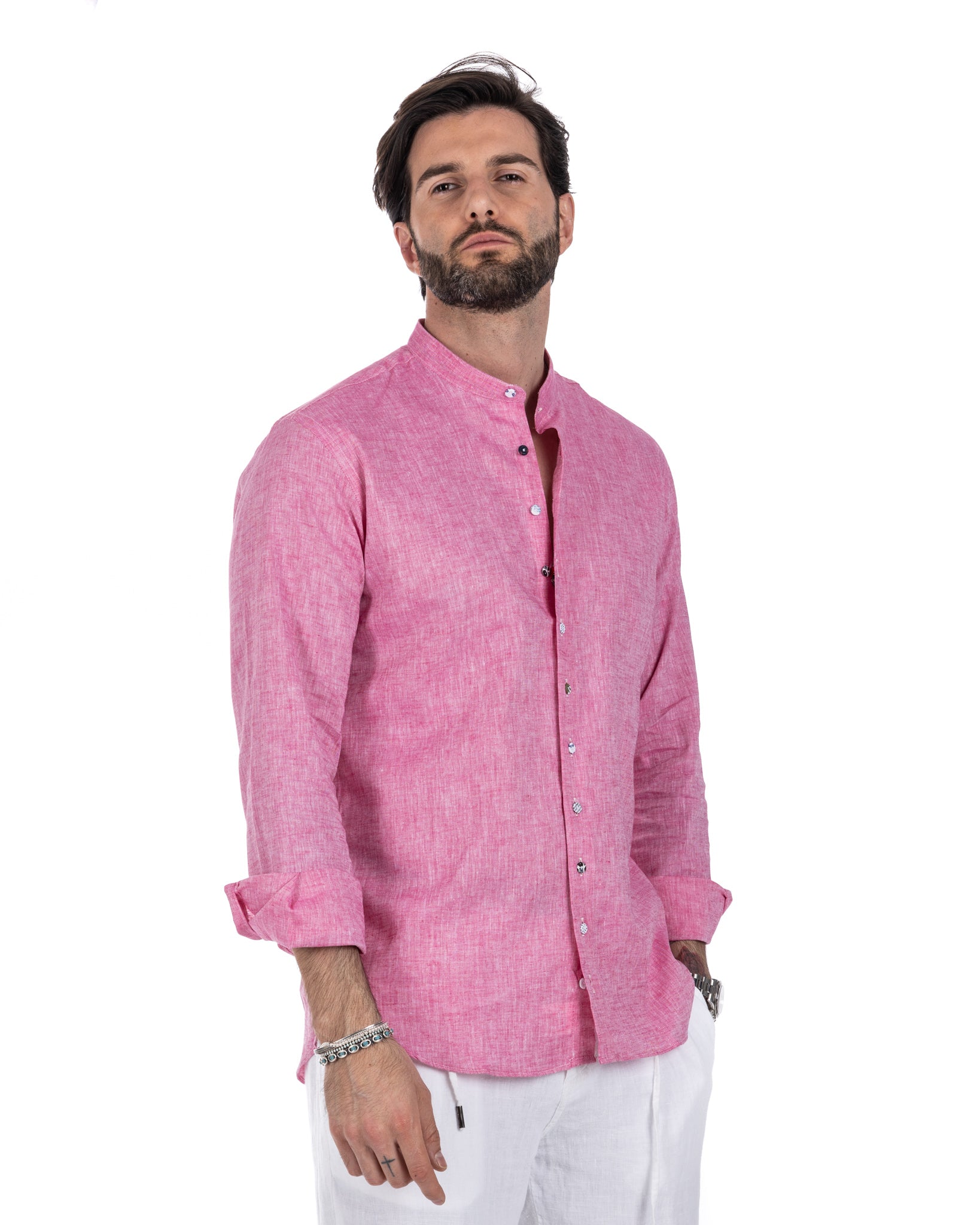 Positano - camicia coreana in lino fucsia
