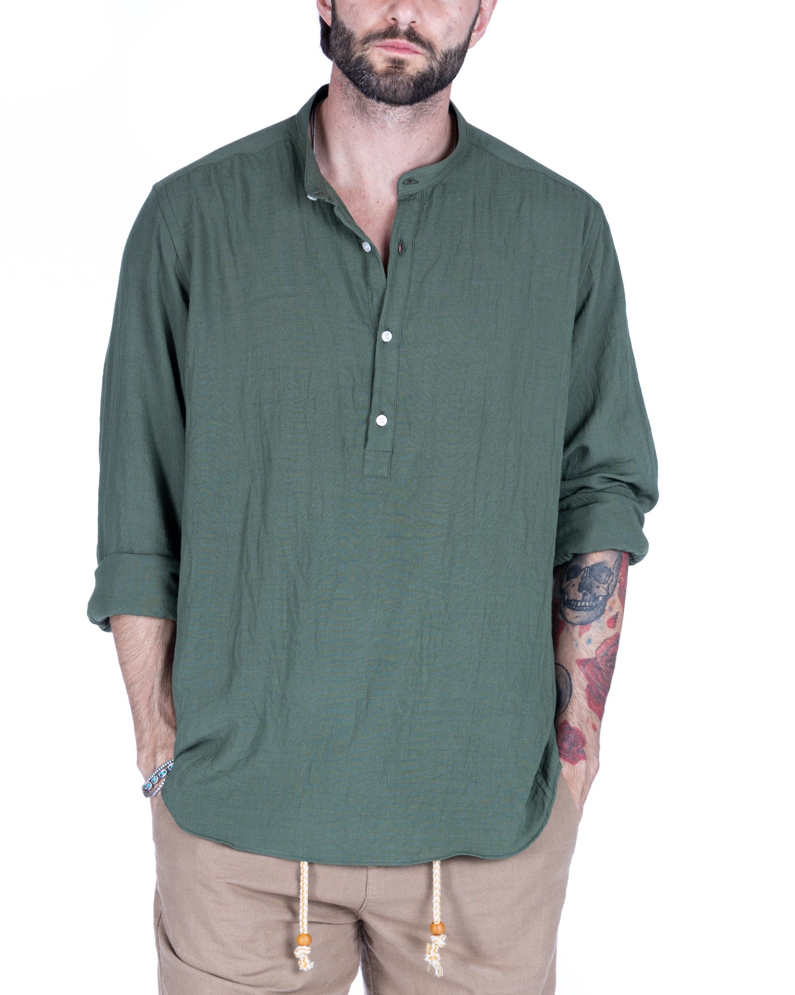 SERAFINO - CAMICIA CINQUE BOTTONI IN LINO VERDE