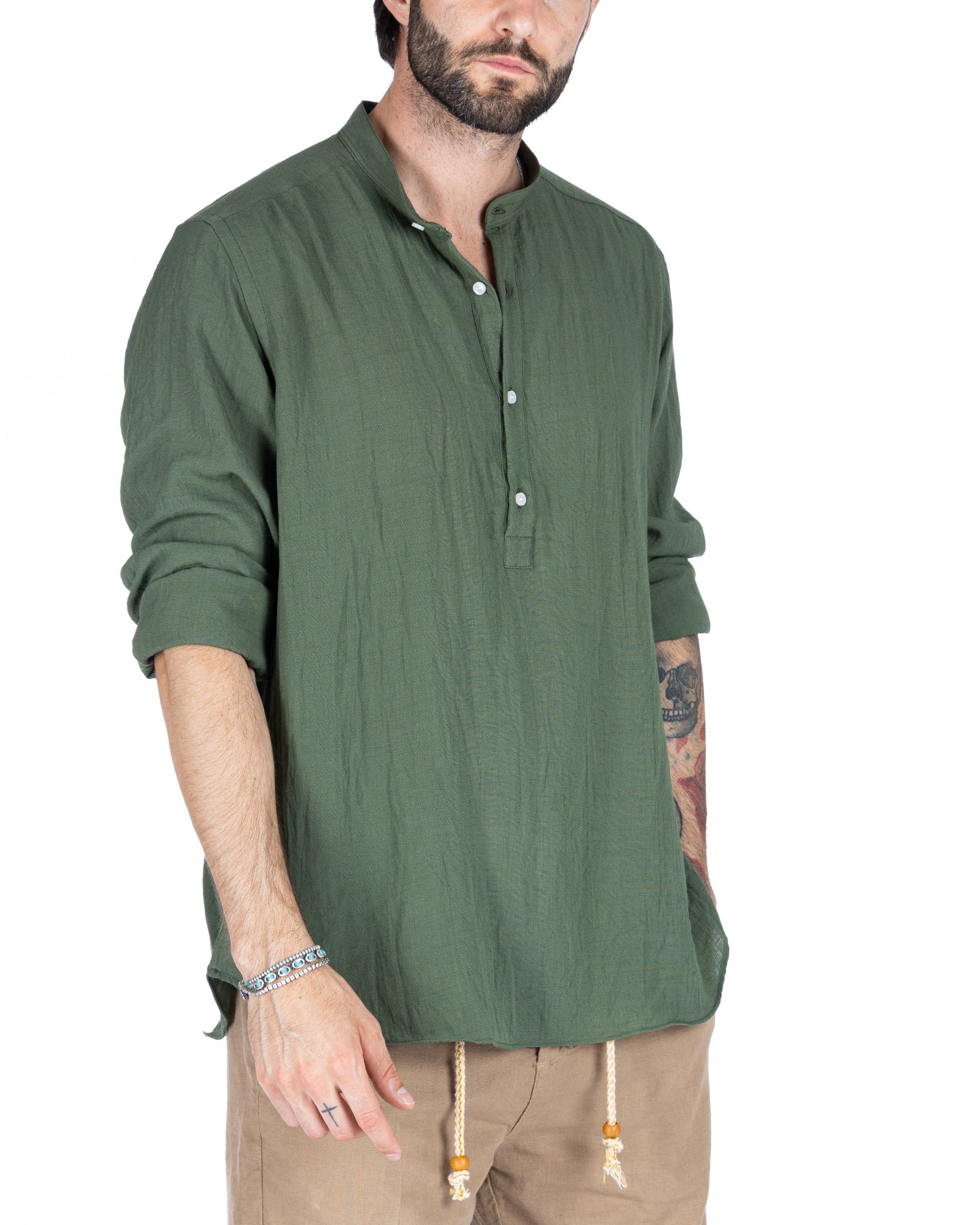 SERAFINO - CAMICIA CINQUE BOTTONI IN LINO VERDE
