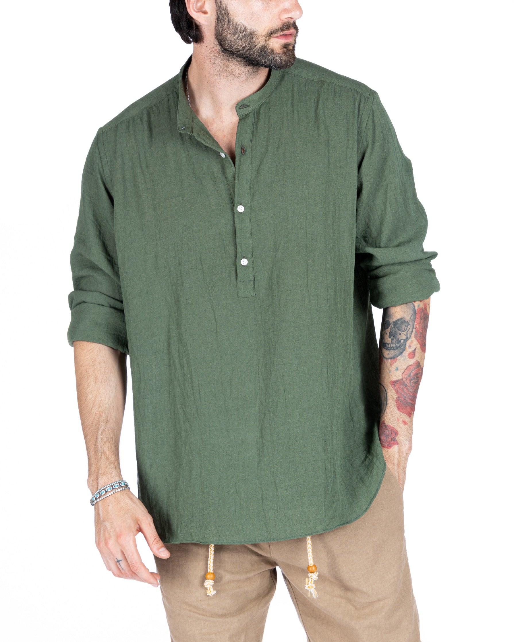 SERAFINO - CAMICIA CINQUE BOTTONI IN LINO VERDE