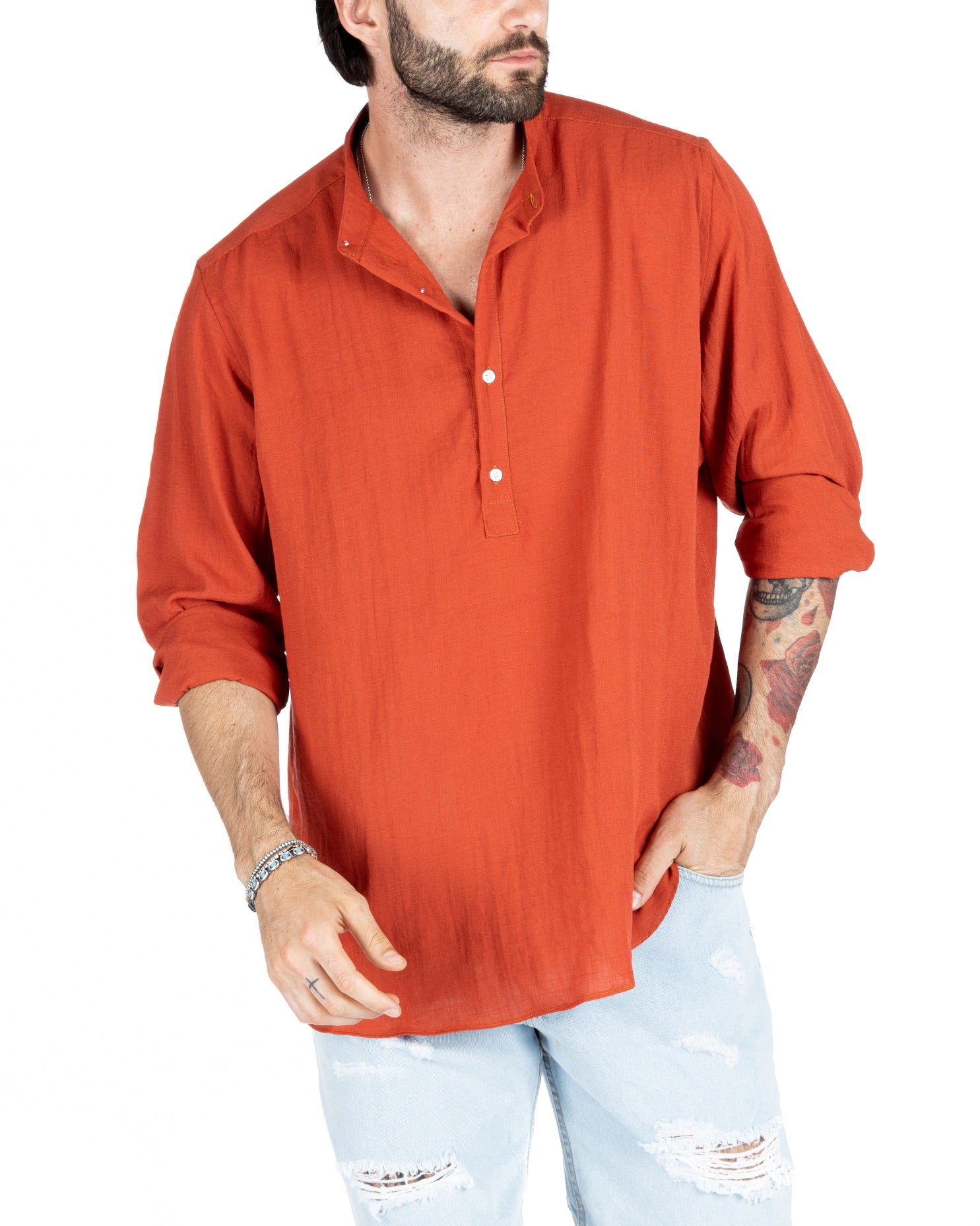 SERAFINO - CAMICIA CINQUE BOTTONI IN LINO CORALLO