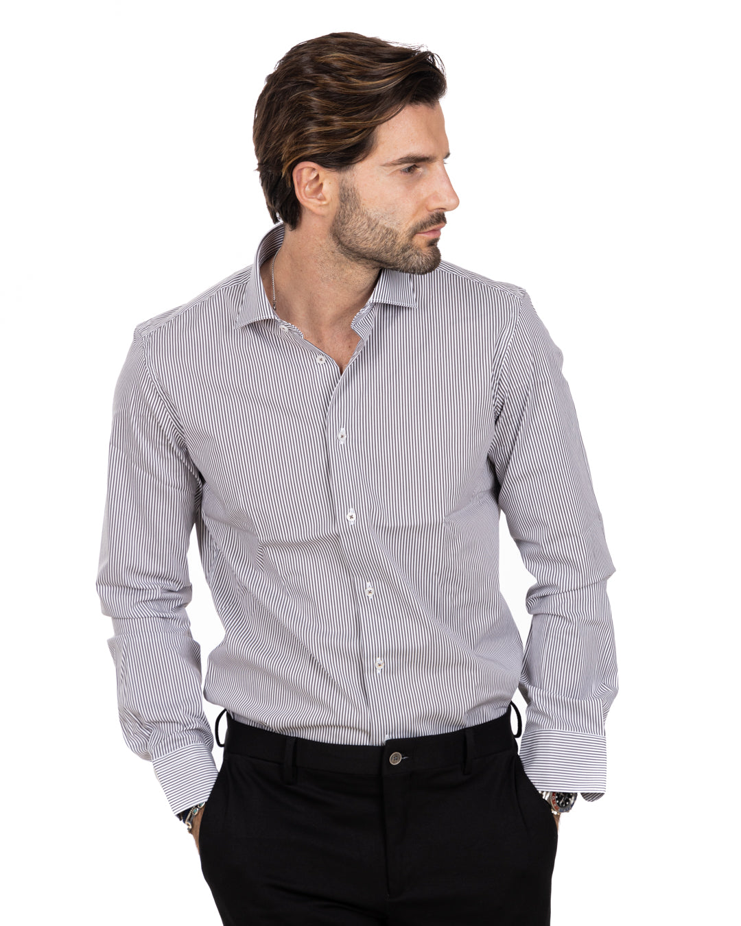 Chemise - basique noir classique à fines rayures en coton
