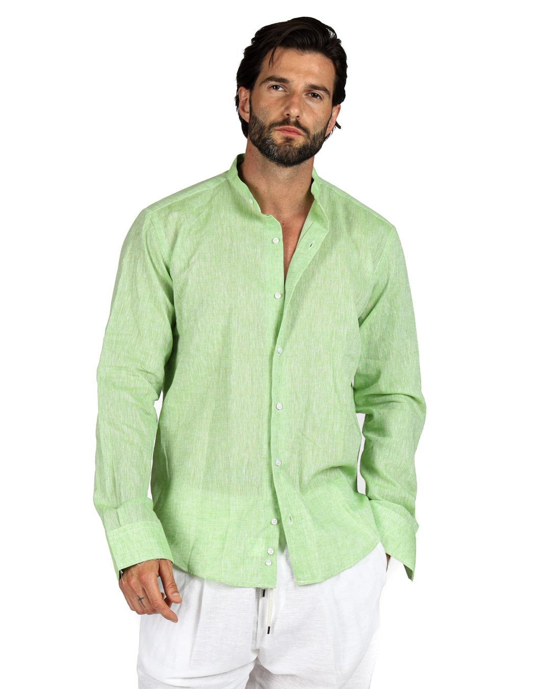 Positano - Camicia coreana verde mela in lino