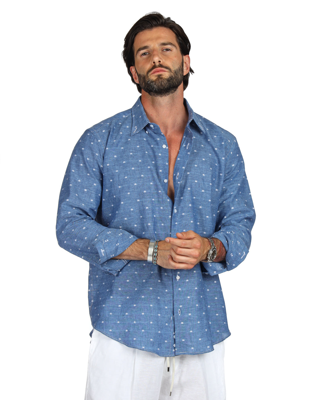 Salina - Camicia classica denim con ricami bianchi in lino