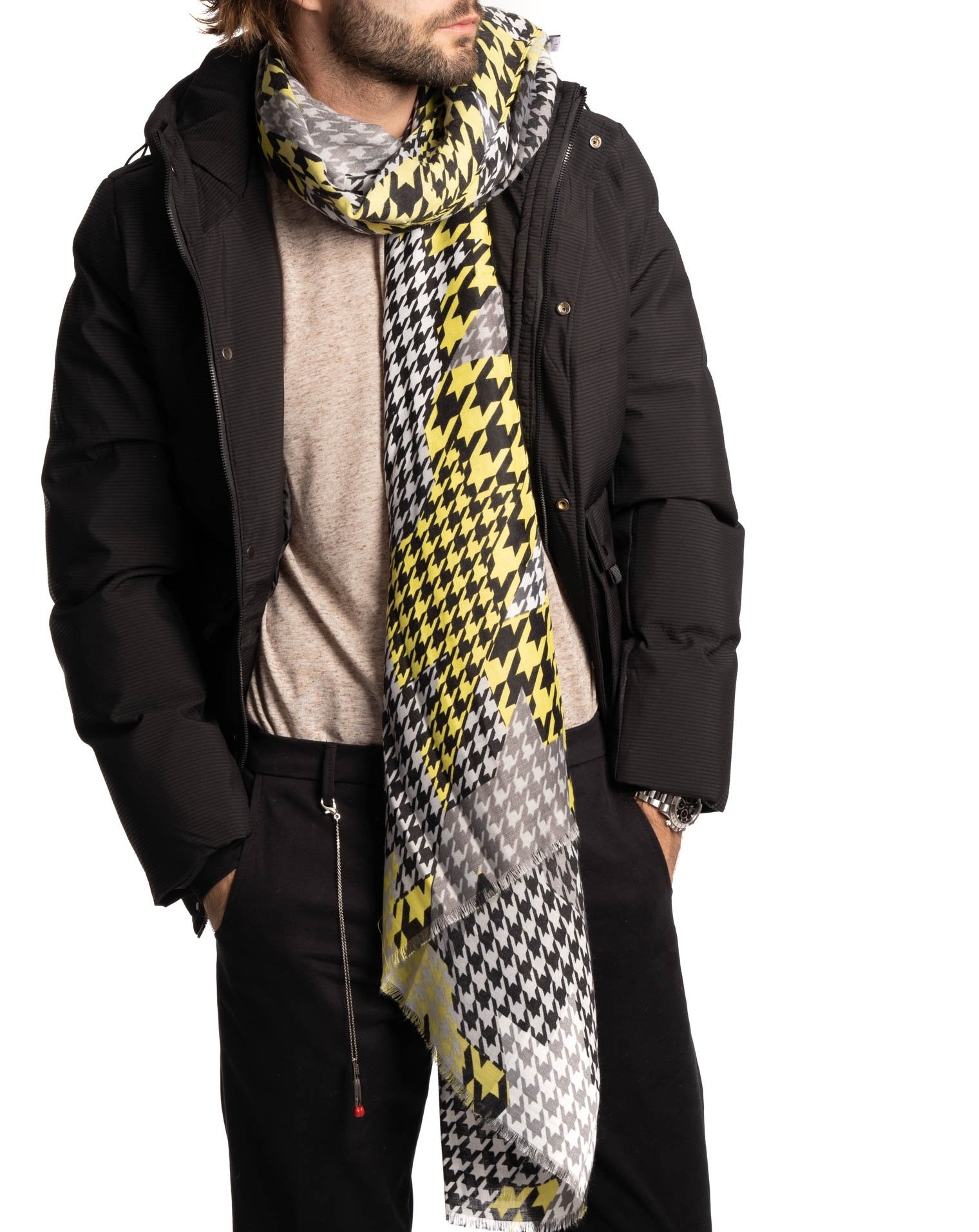 BLACK AND WHITE FLUORESCENT HOOOTY SCARF