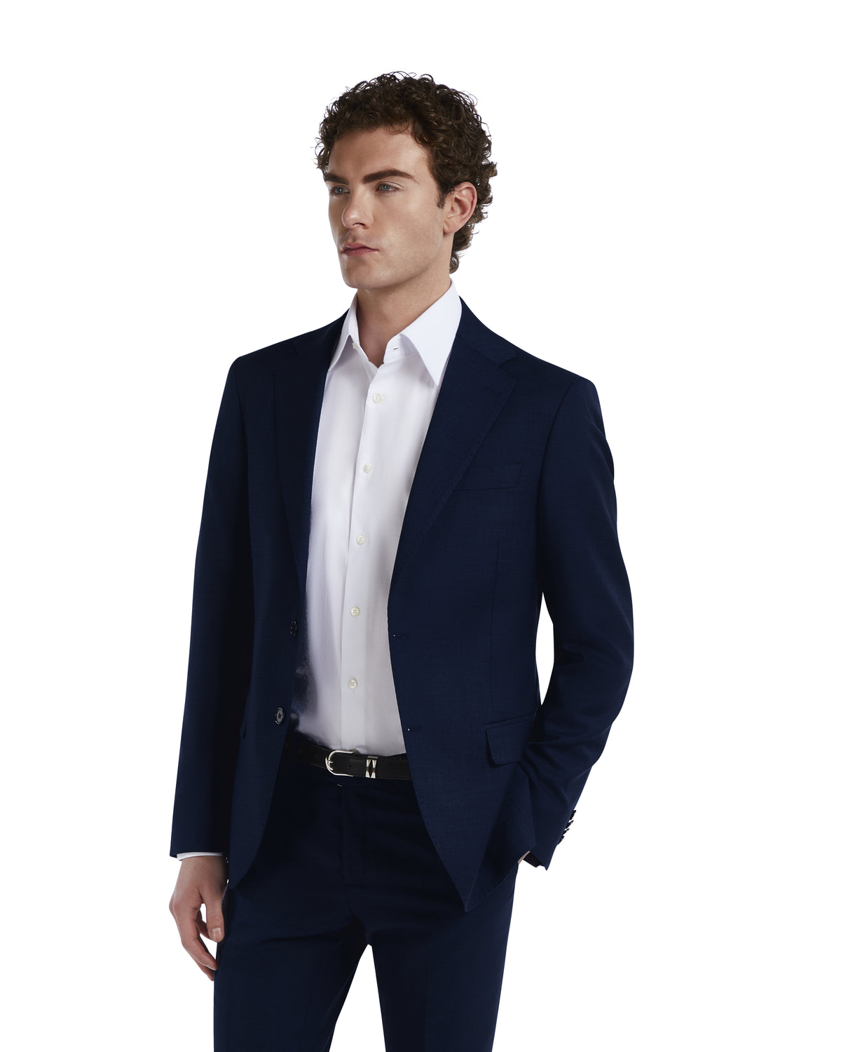 Men's navy blue tailored suit jacket in breathable fabric, paired with a crisp white dress shirt for a polished look.