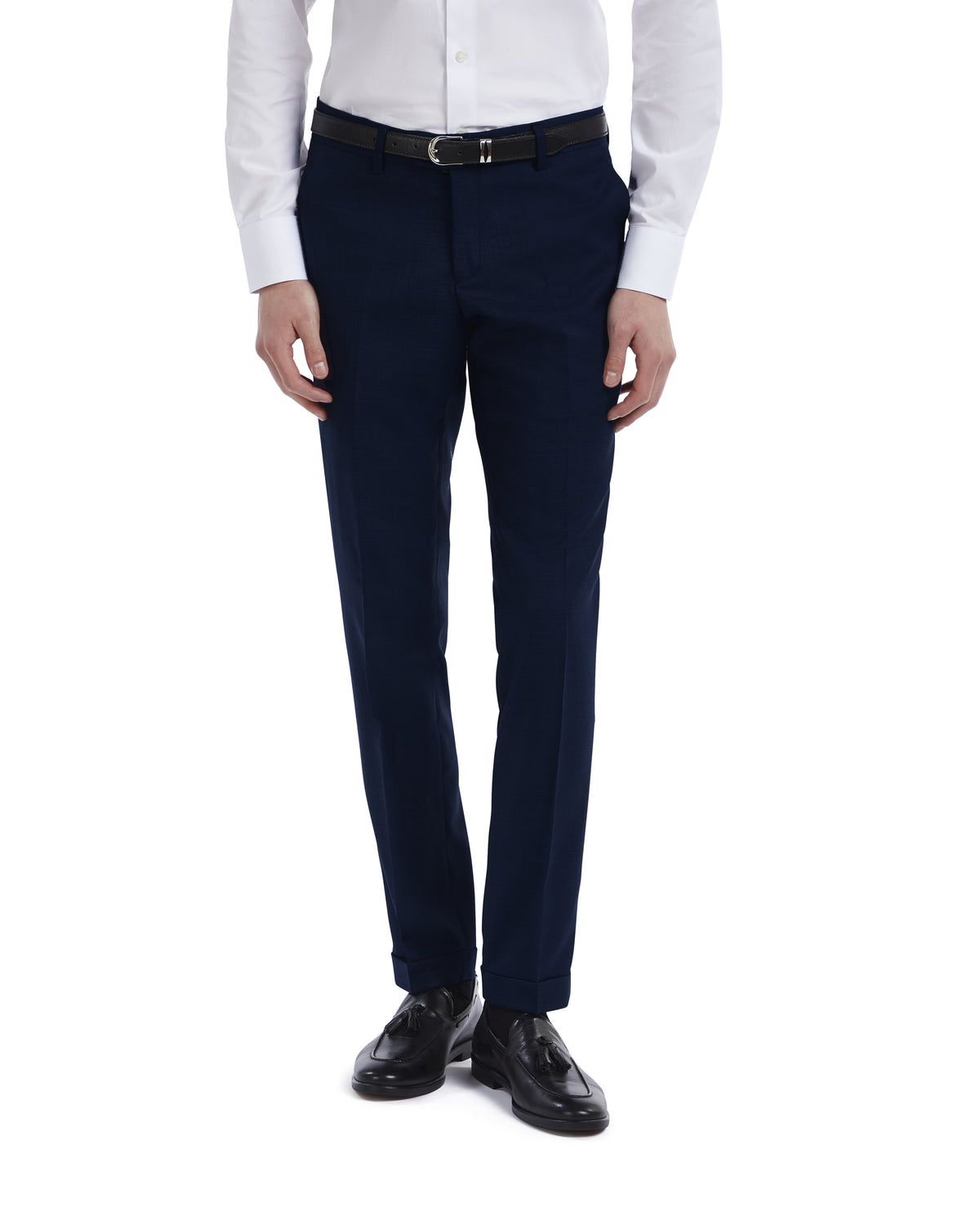 Men's slim-fit navy dress pants made from soft fabric, paired with a black belt and polished shoes for a smart look.