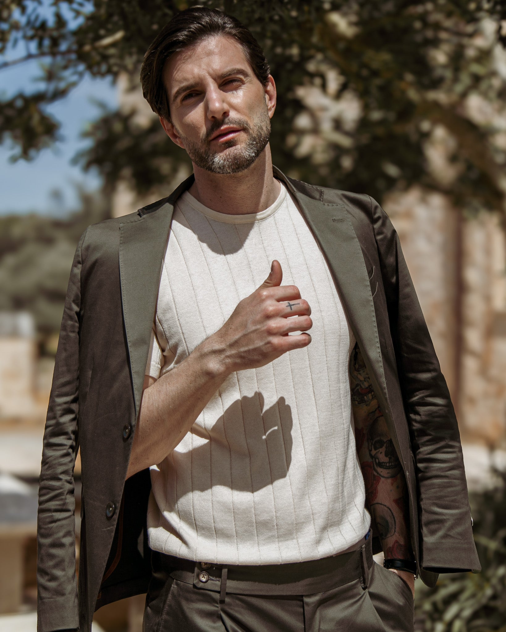 Adriano - T-shirt en tricot côtelé couleur crème