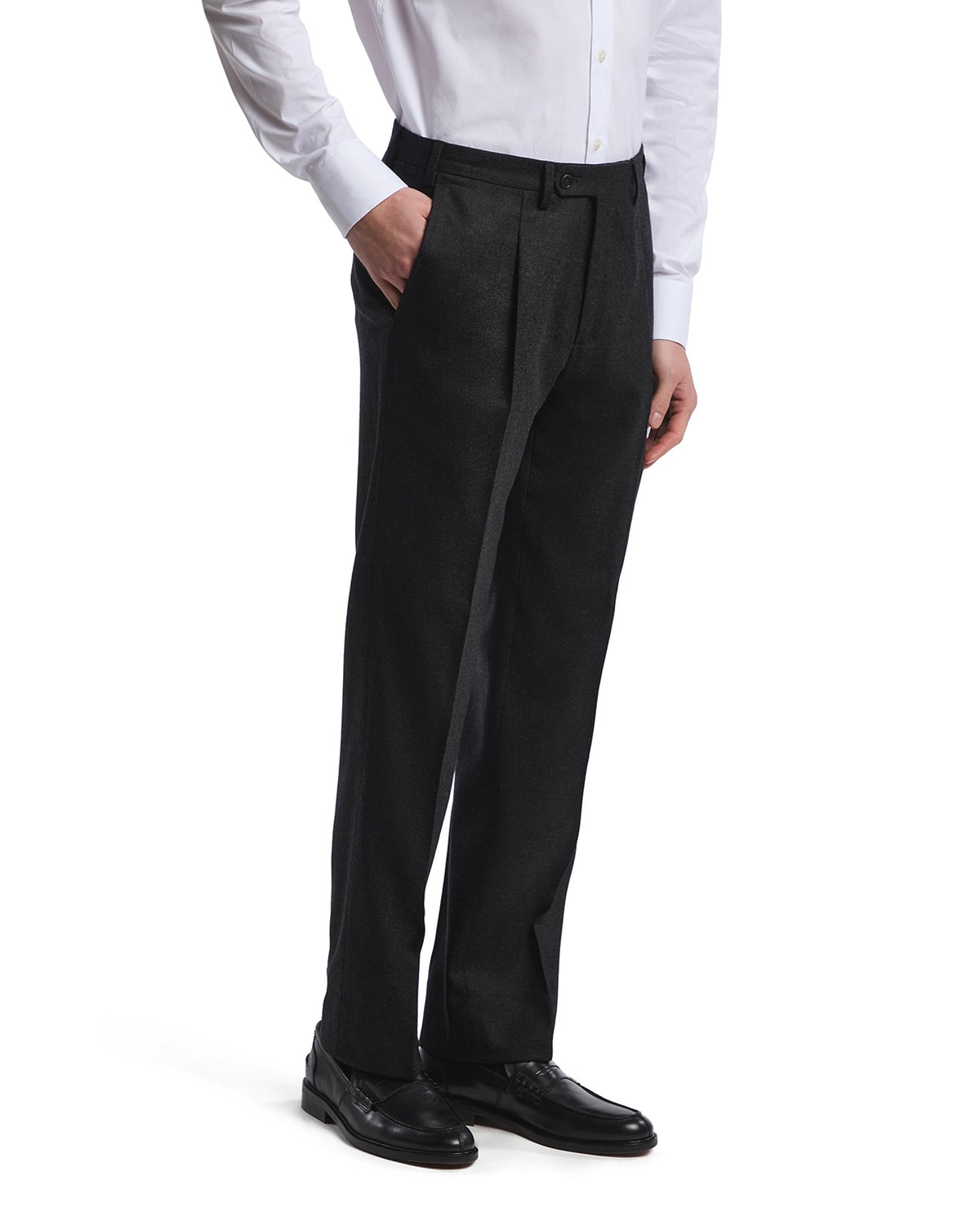 Men's tailored black wool dress pants with flat front, featuring a classic fit and subtle texture. Perfect for formal occasions.