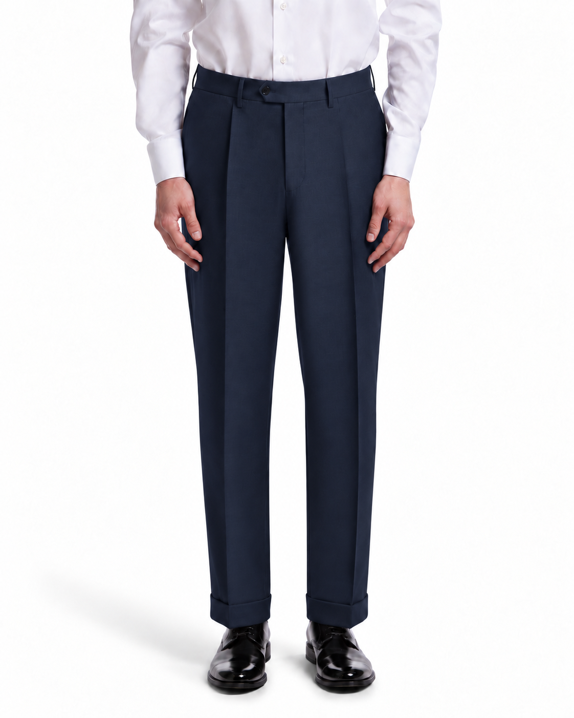 Men's tailored navy dress pants in premium fabric with a classic fit and sharp crease details.