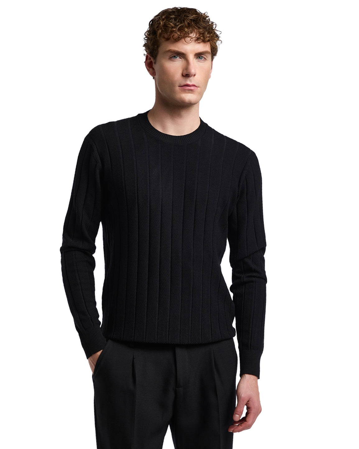 Men's black ribbed knit sweater, long sleeves, classic crew neck, made from soft cotton blend, stylish and versatile.