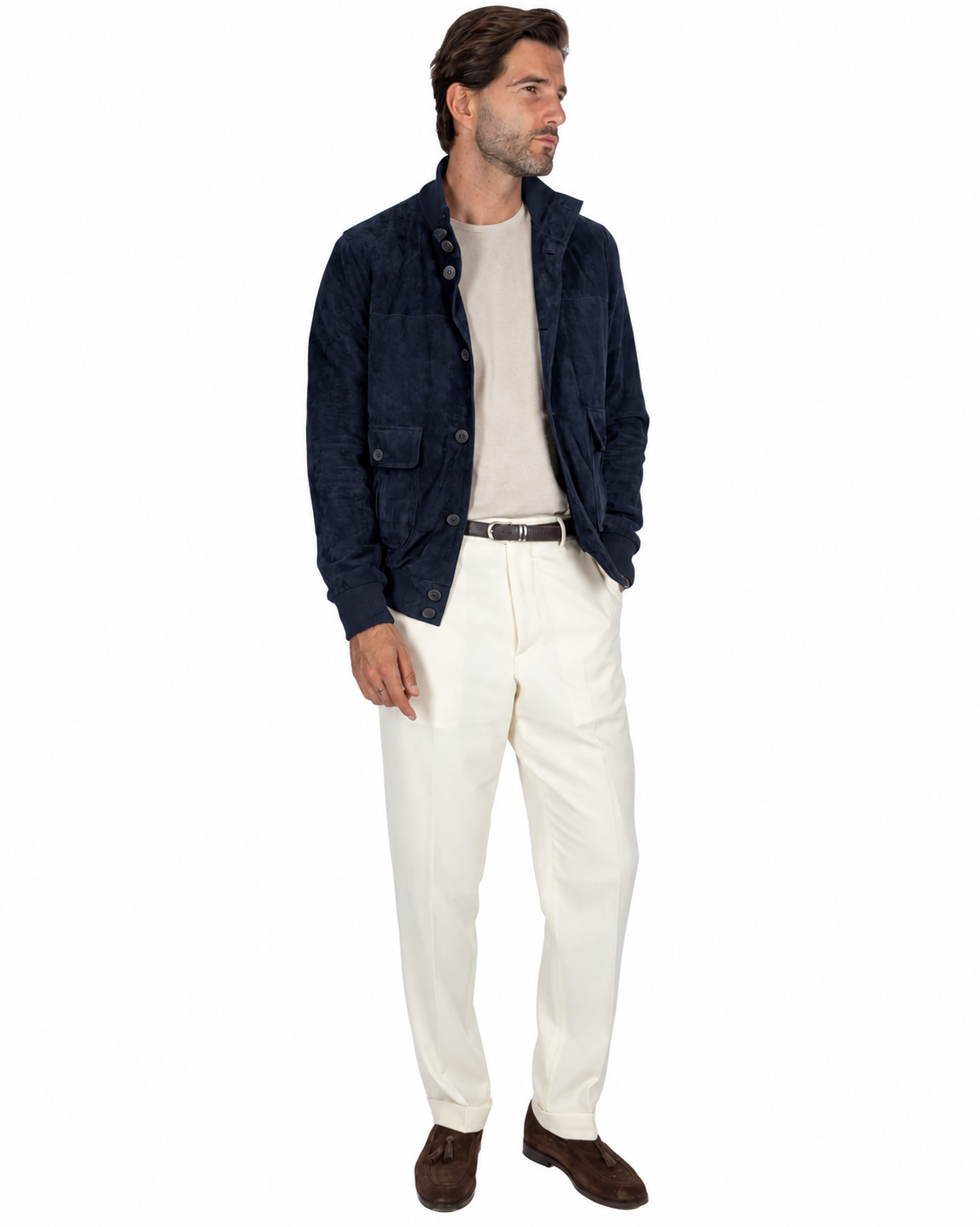 Navy suede jacket paired with a light beige shirt and cream trousers, styled for a sophisticated casual look.