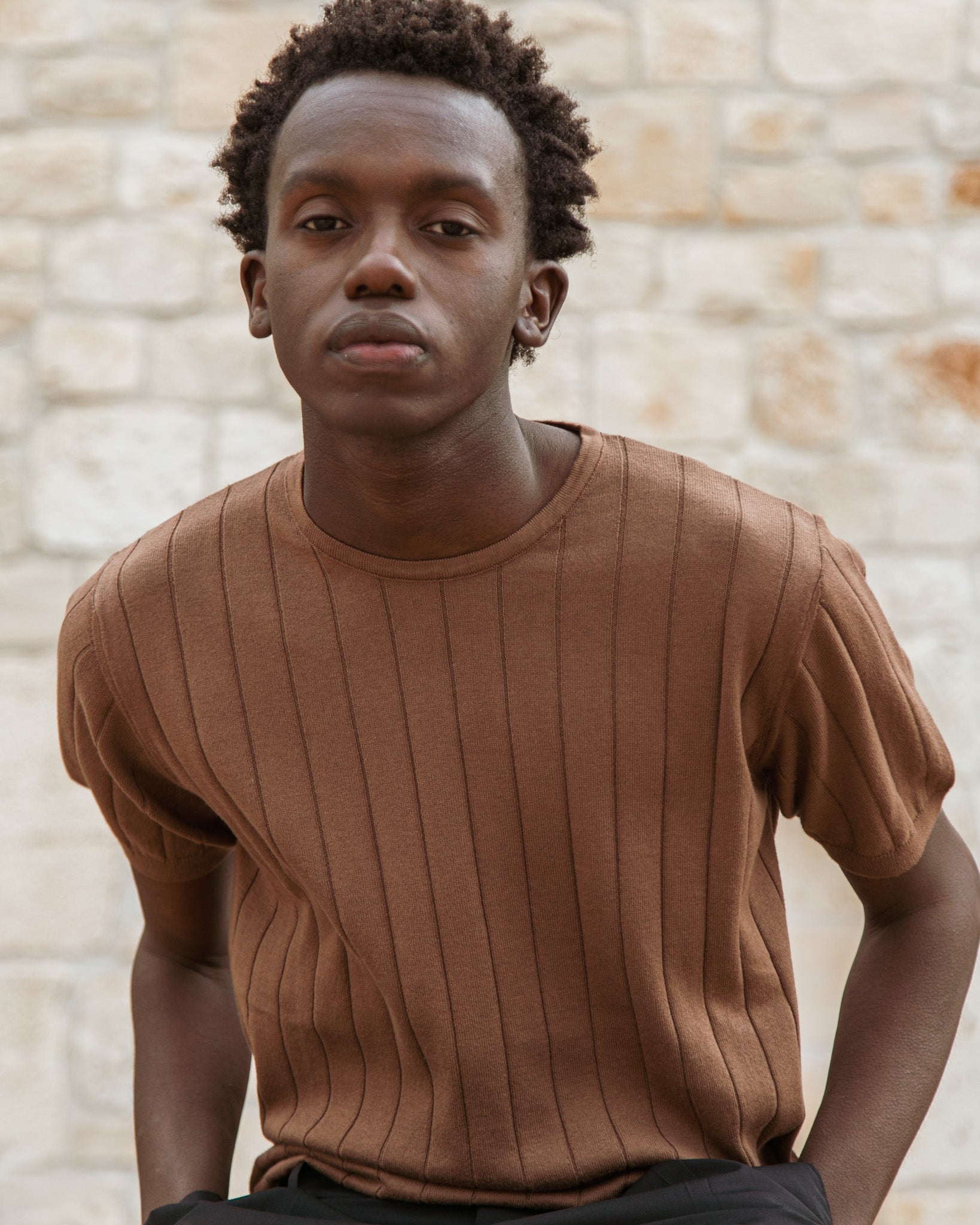 Adriano - dark brown ribbed knit t-shirt
