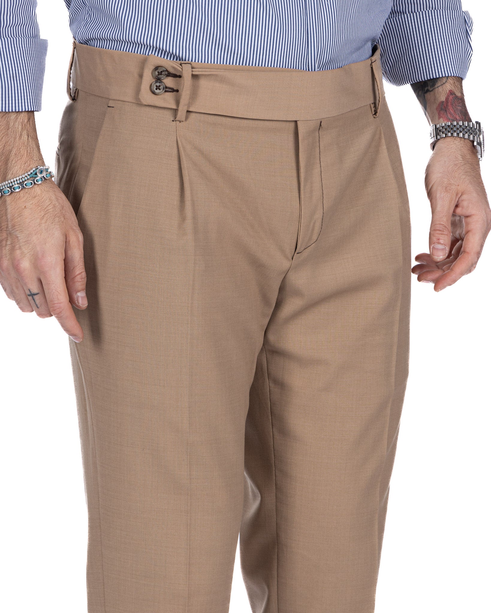 Pantalon italien taille haute camel en laine mélangée