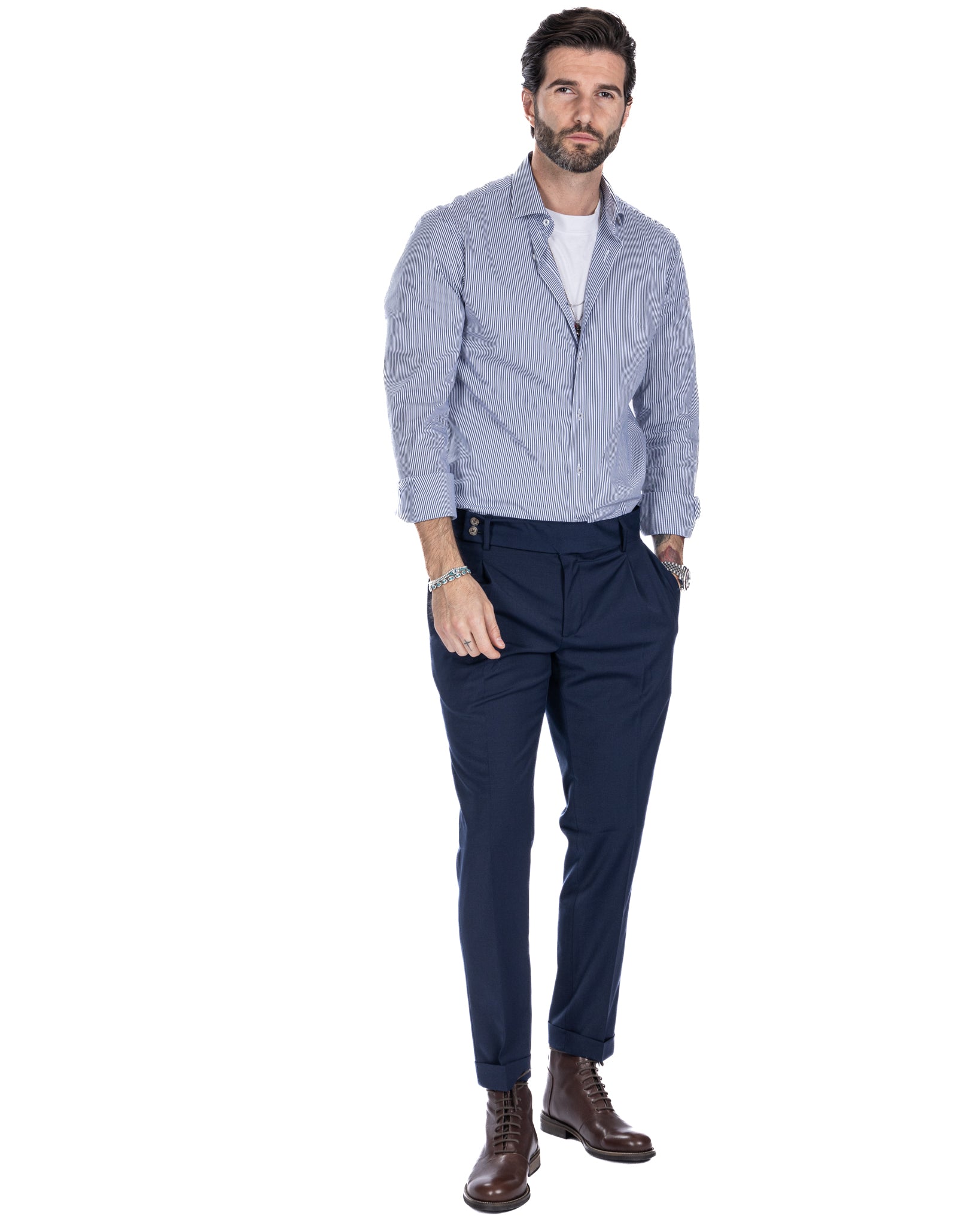 Pantalon italien taille haute bleu en laine mélangée