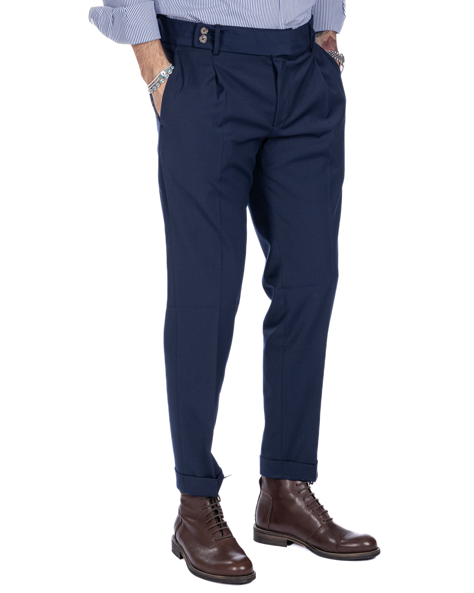 Pantalon italien taille haute bleu en laine mélangée