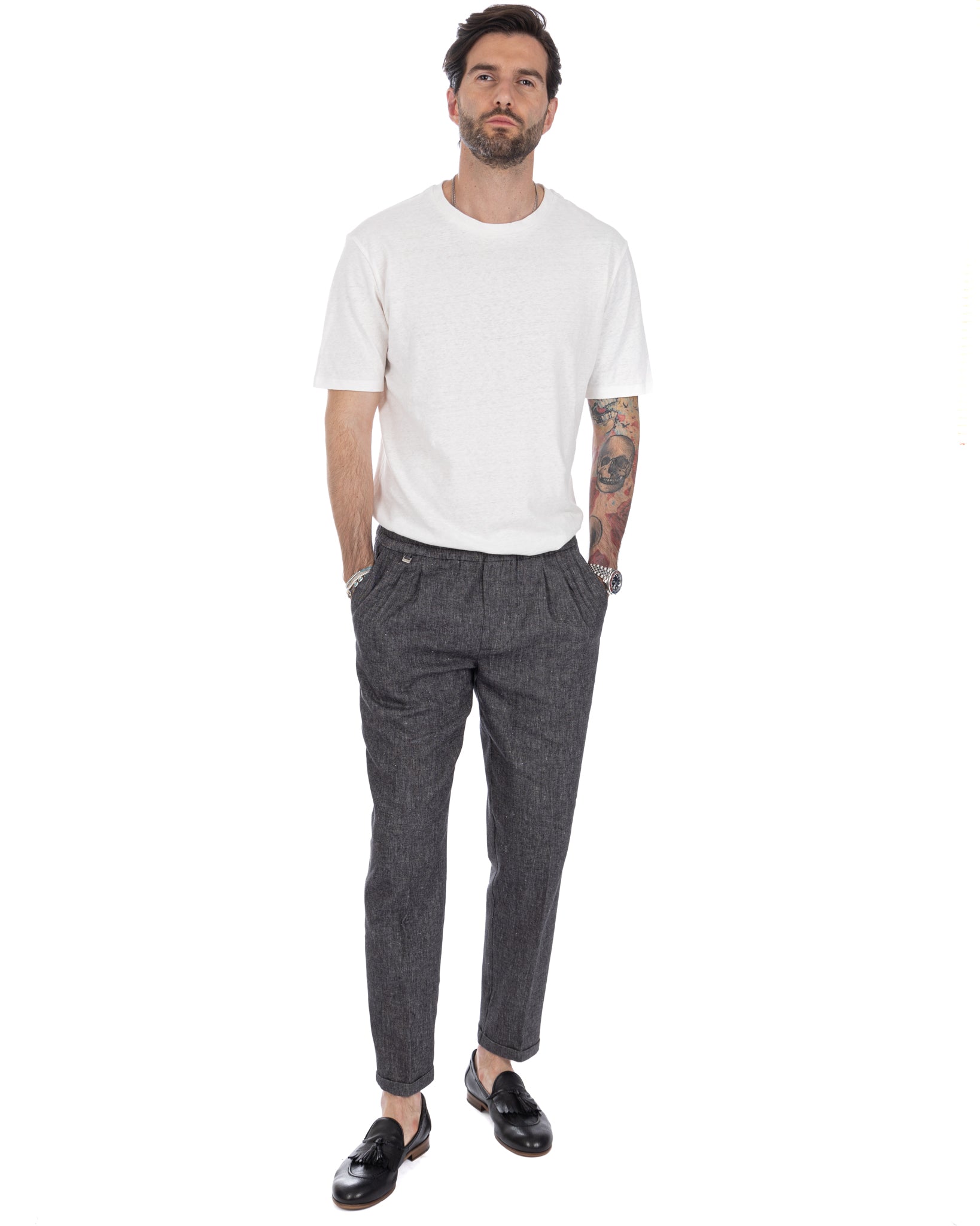 Larry - pantalaccio in lino melange nero