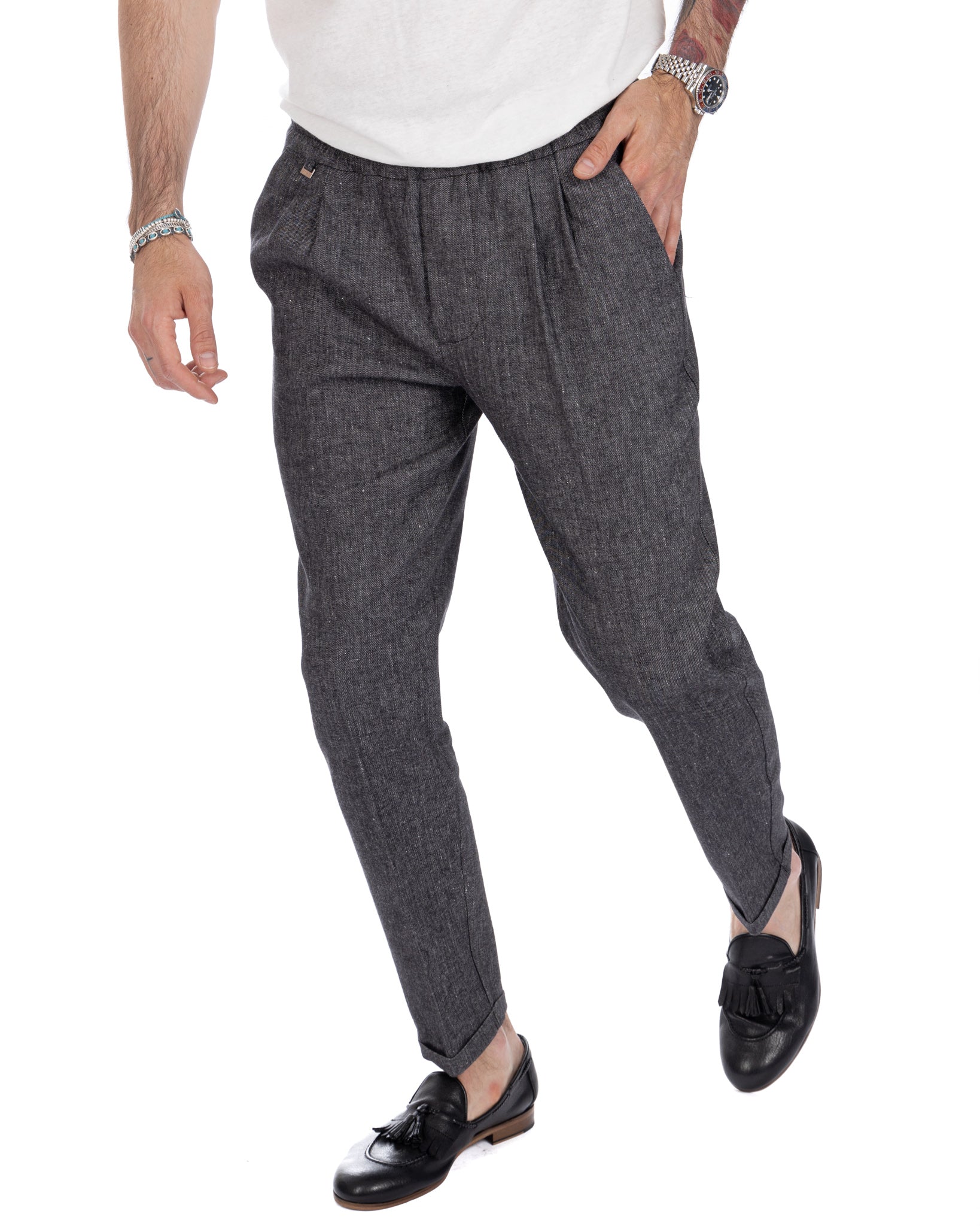 Larry - black melange linen trousers