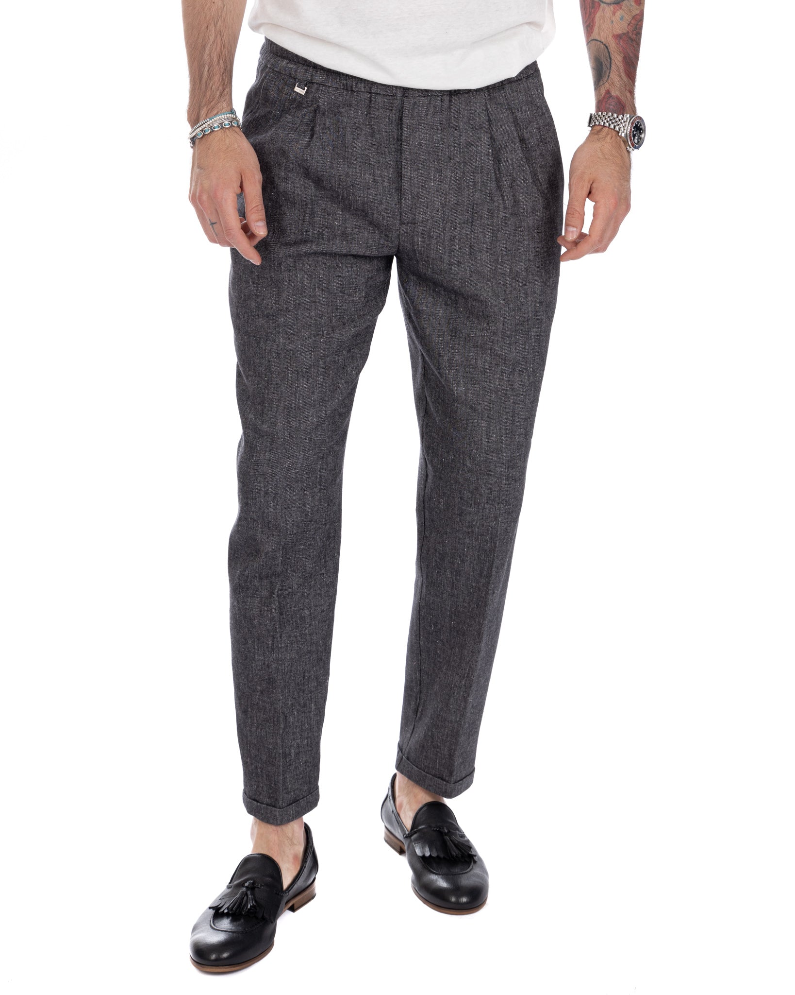 Larry - pantalaccio in lino melange nero