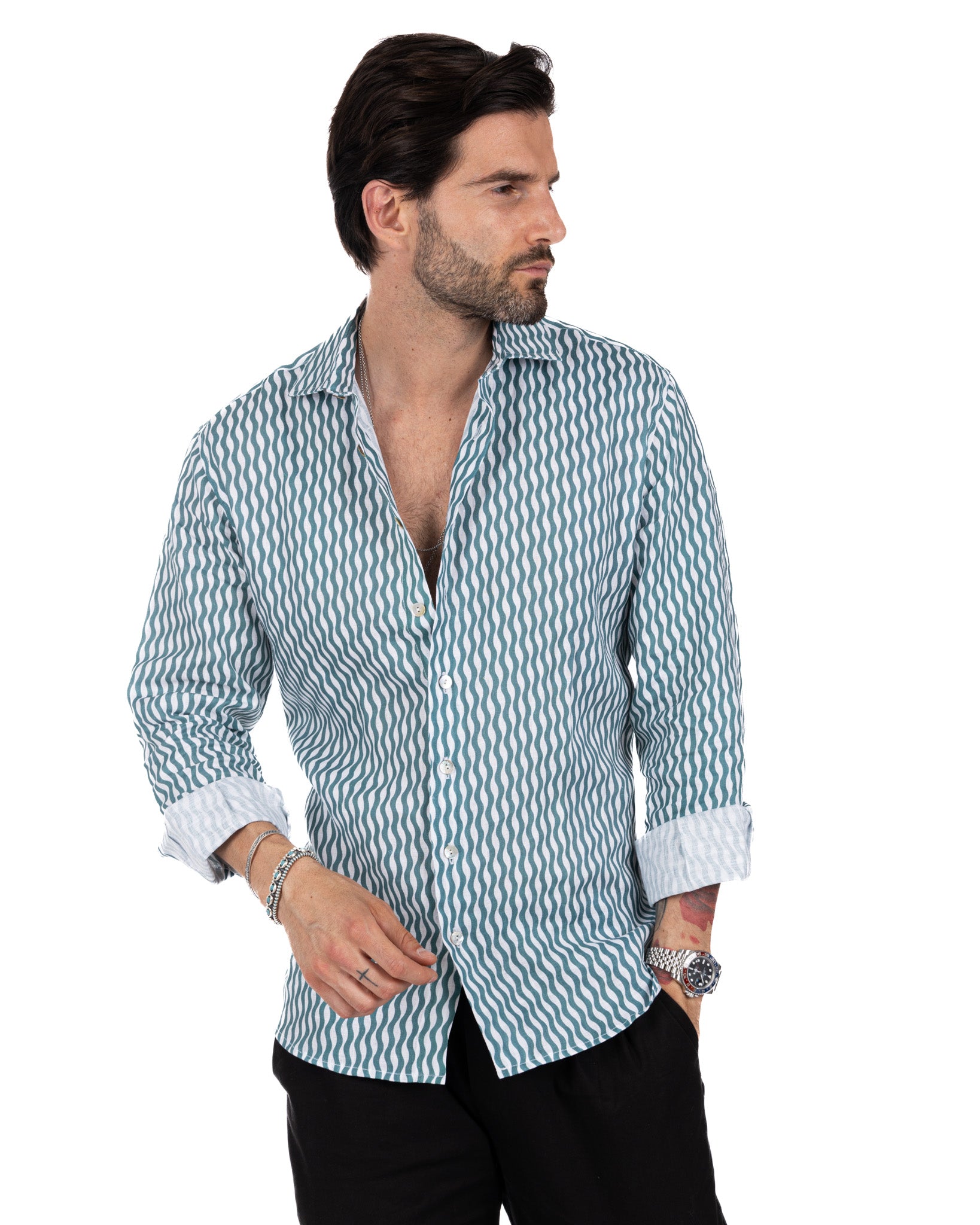 Onda - camicia stampata turchese in lino