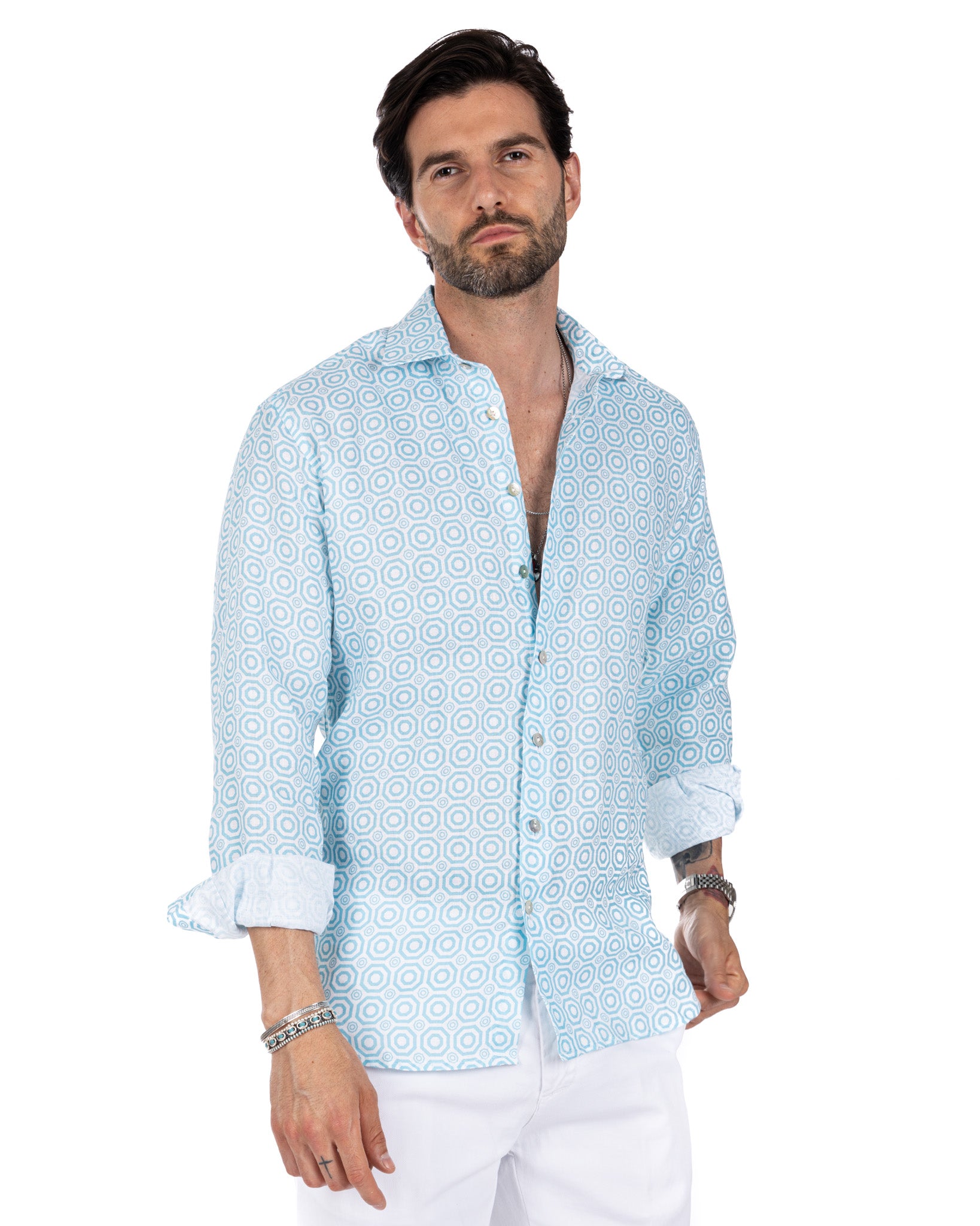 Maiolica - chemise en lin imprimé bleu clair