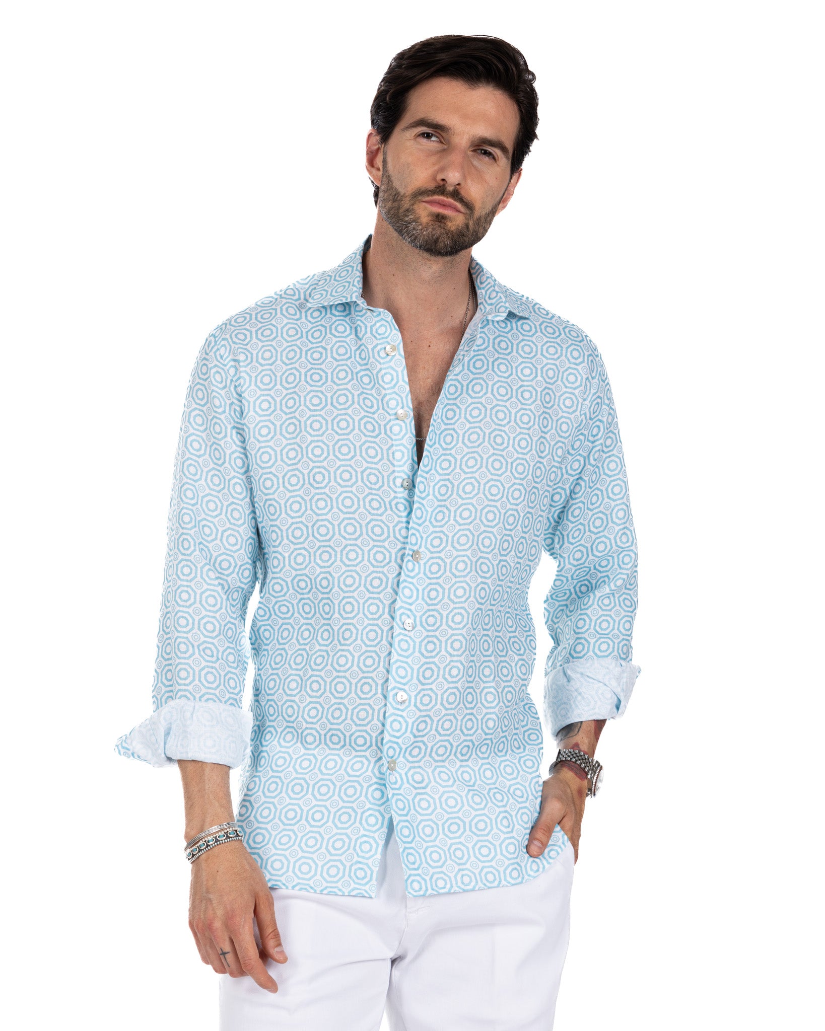 Maiolica - chemise en lin imprimé bleu clair