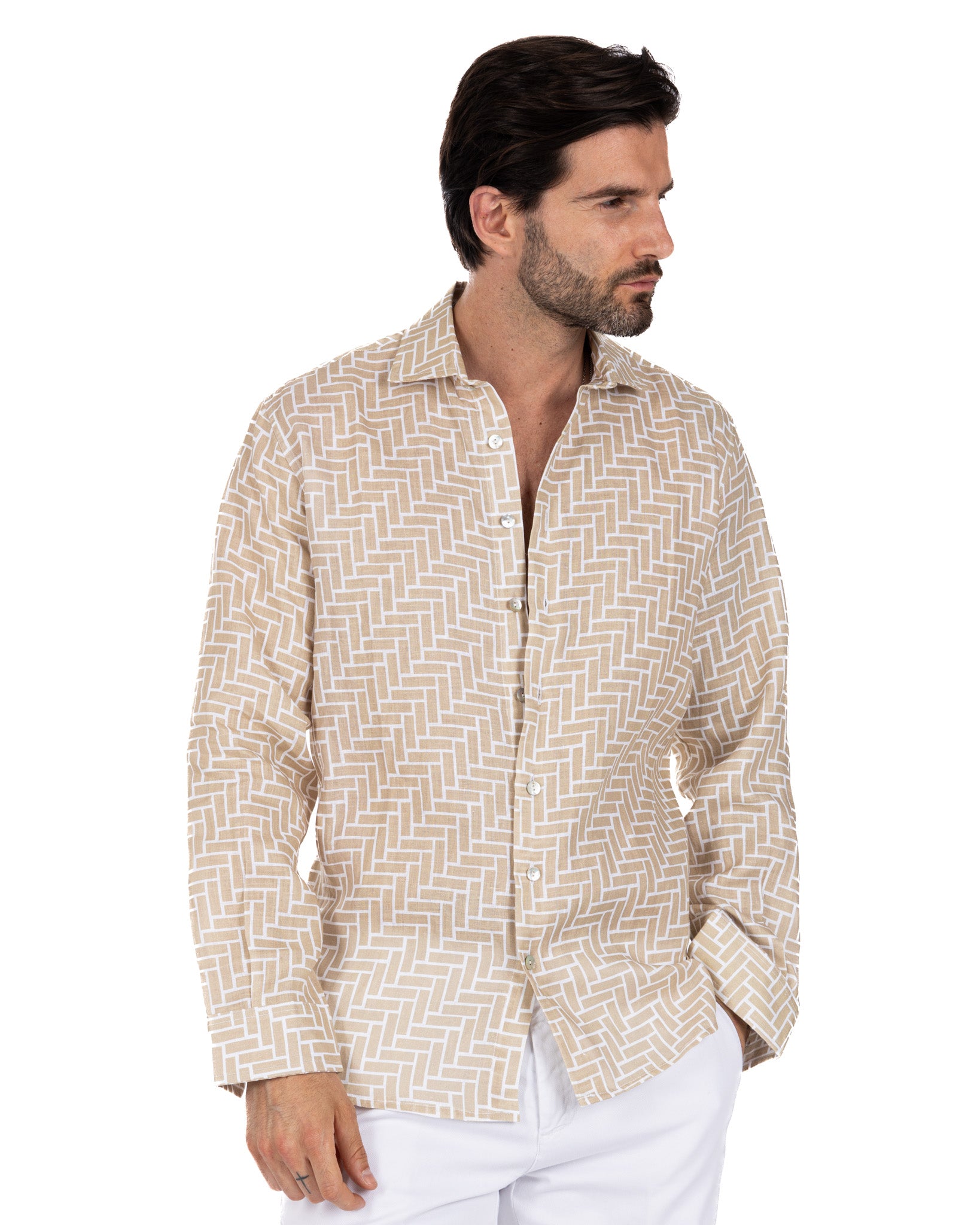 Riggiòla - camicia stampata beige in lino