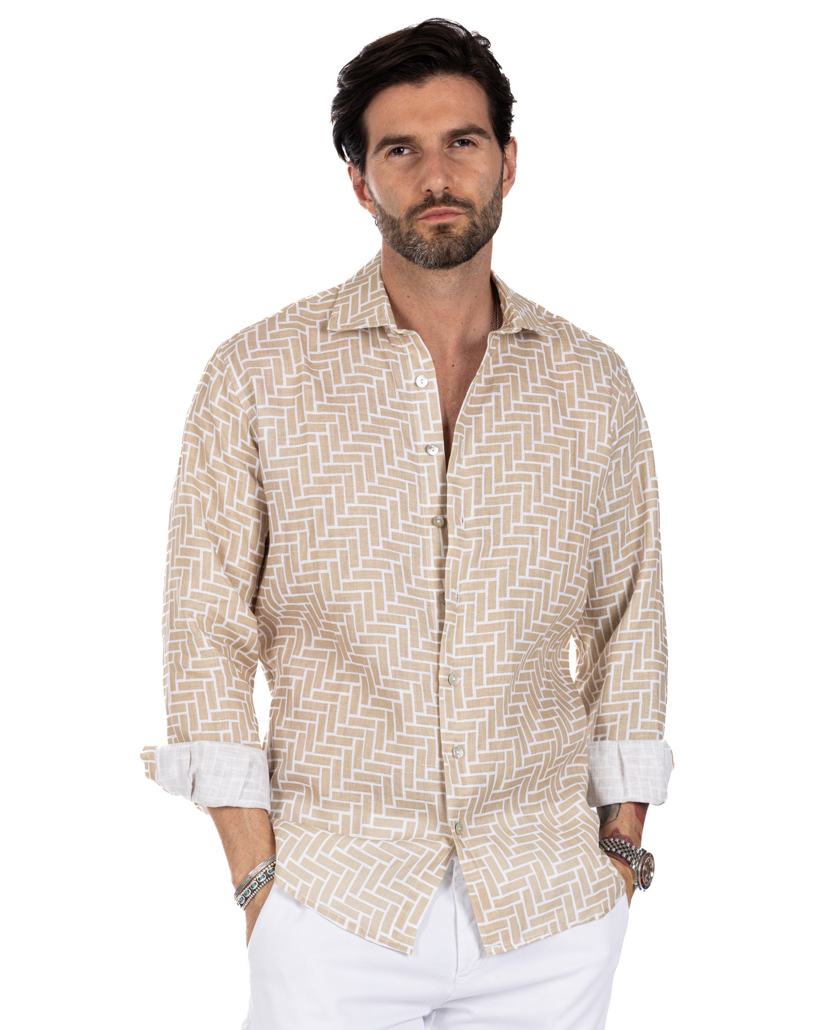 Riggiòla - camicia stampata beige in lino