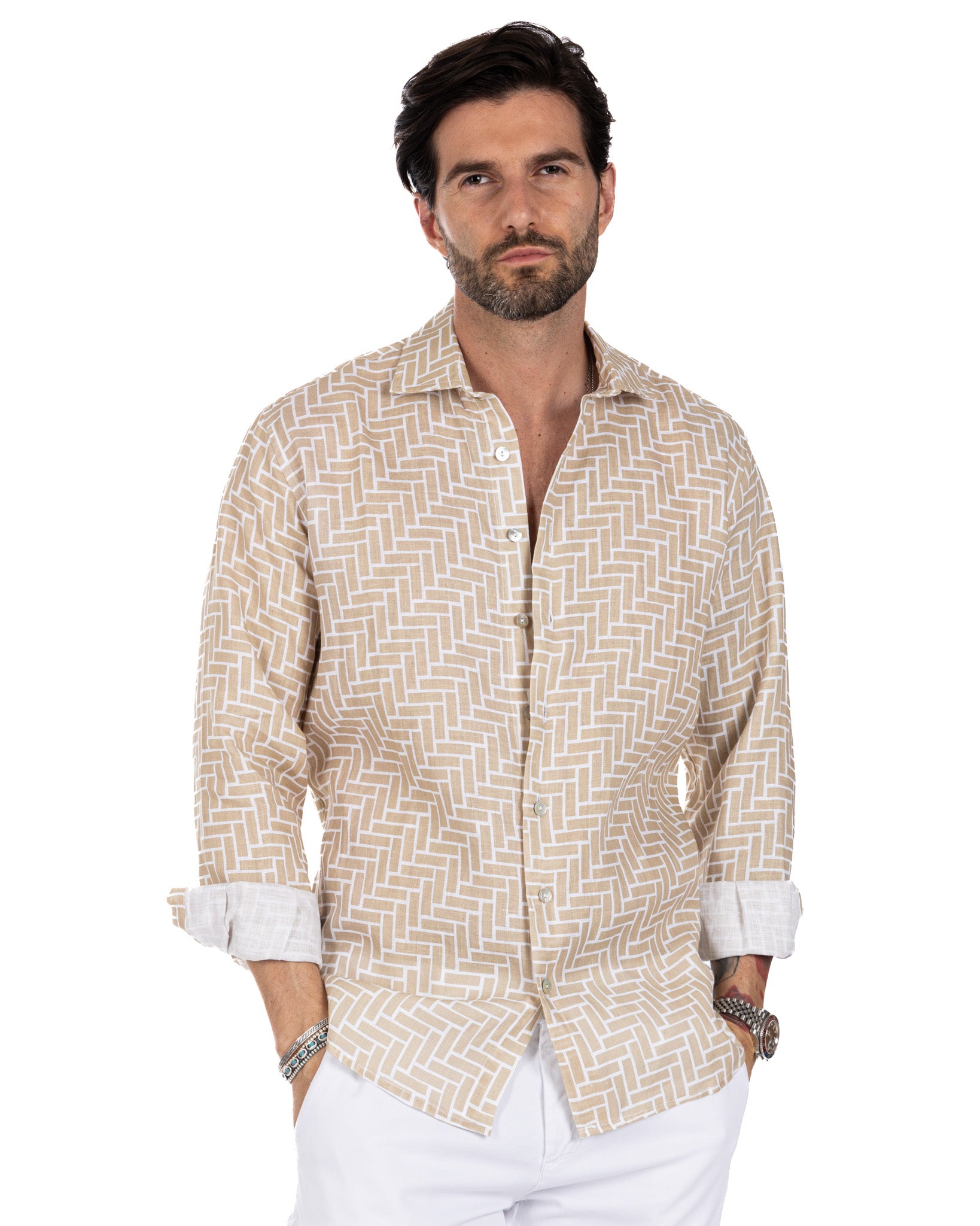 Riggiòla - chemise en lin imprimé beige