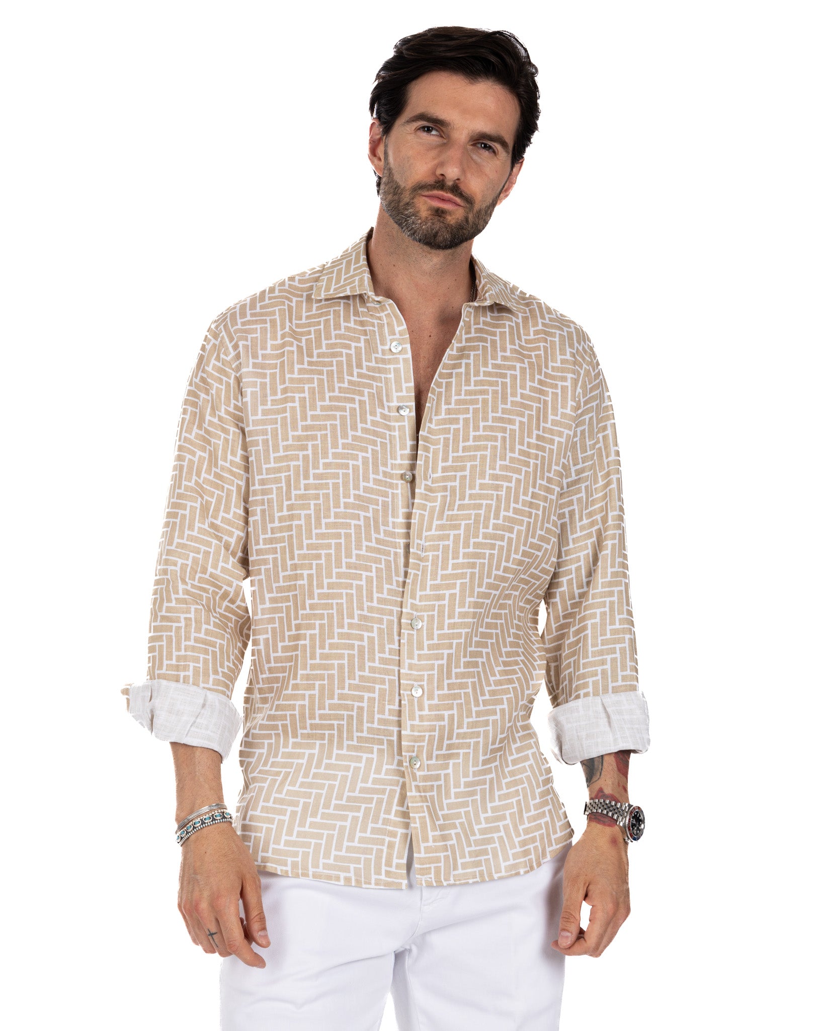 Riggiòla - chemise en lin imprimé beige