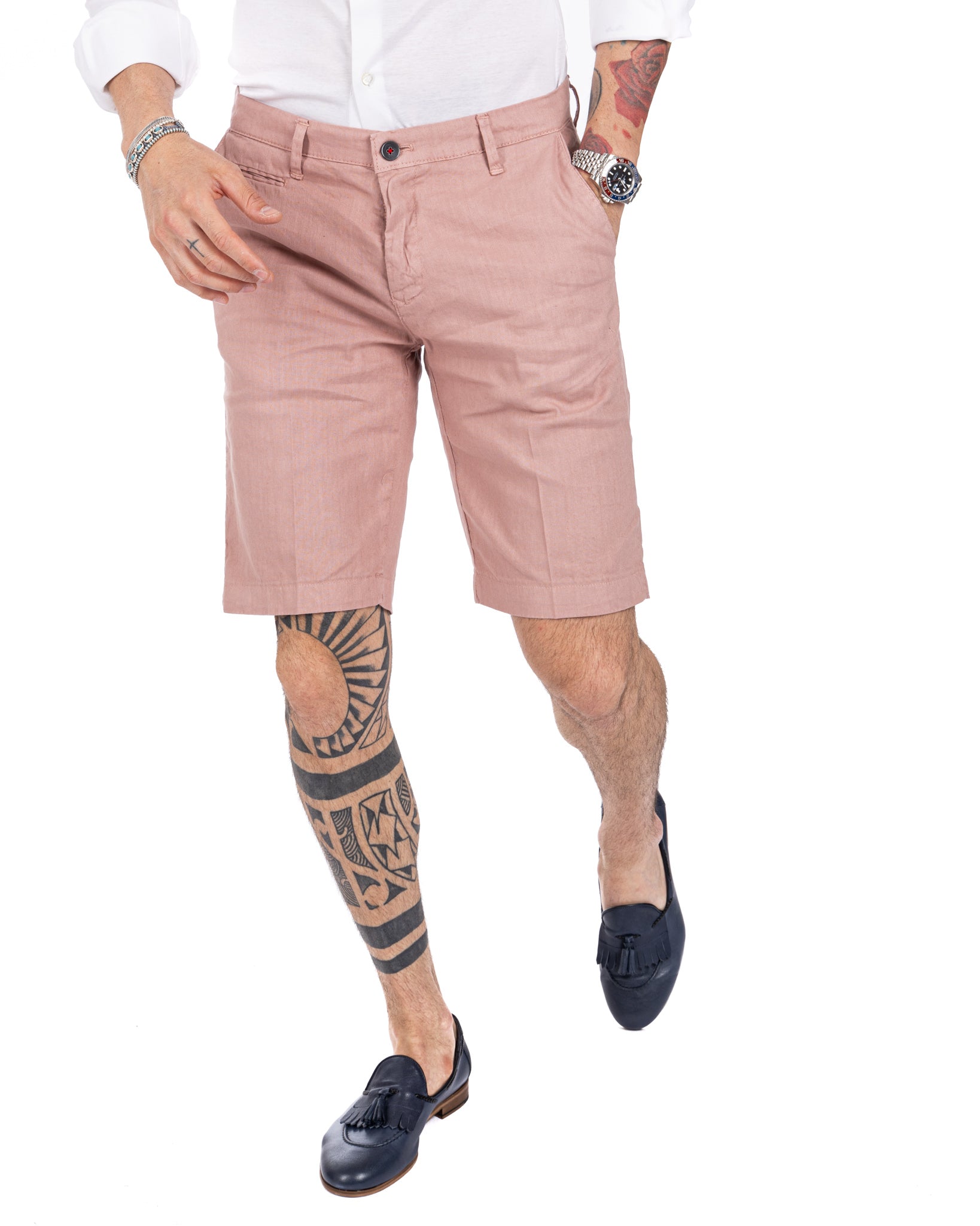 Mustique - pink stretch linen Bermuda shorts