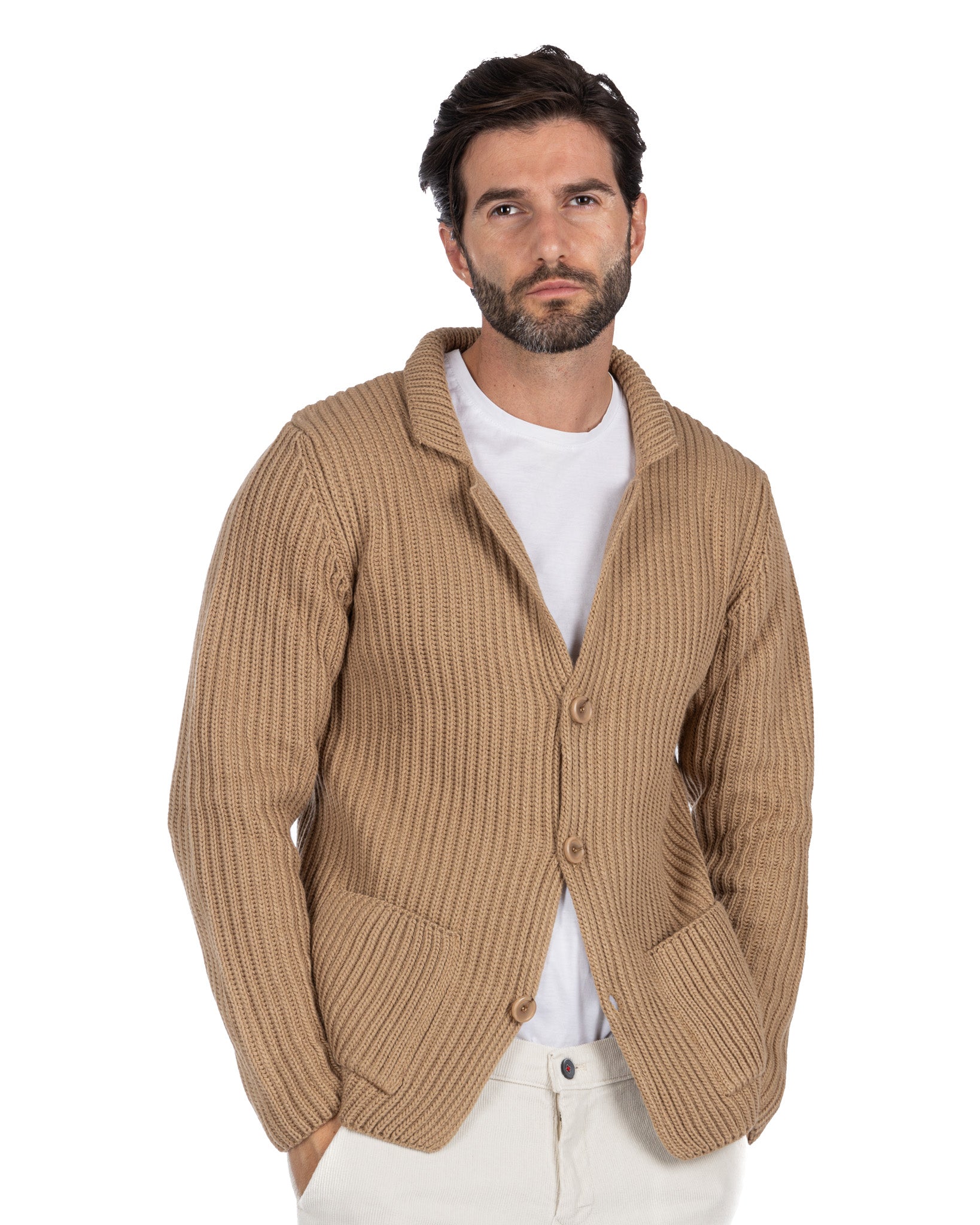 Richard - cardigan in maglia a coste cammello