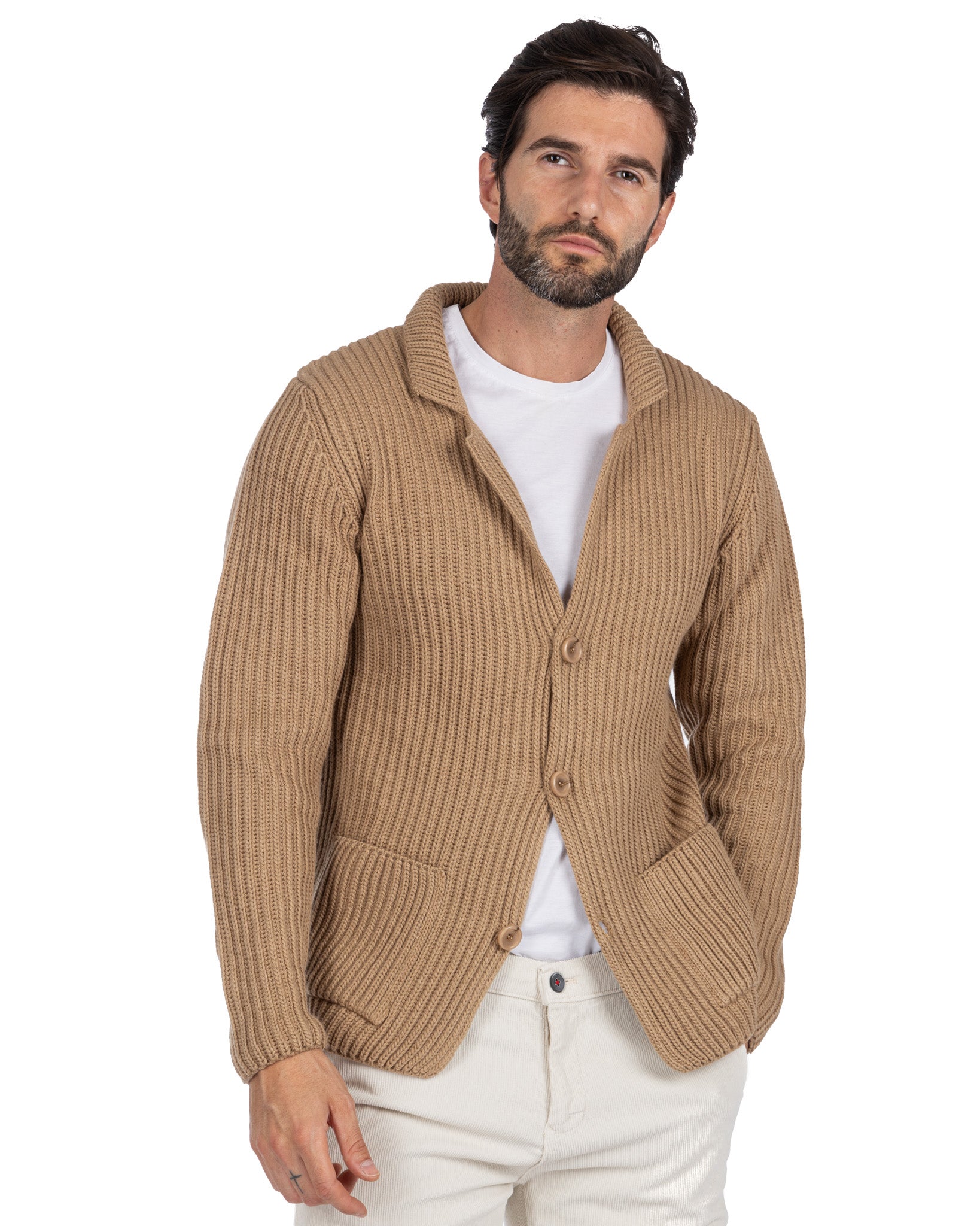 Richard - cardigan in maglia a coste cammello