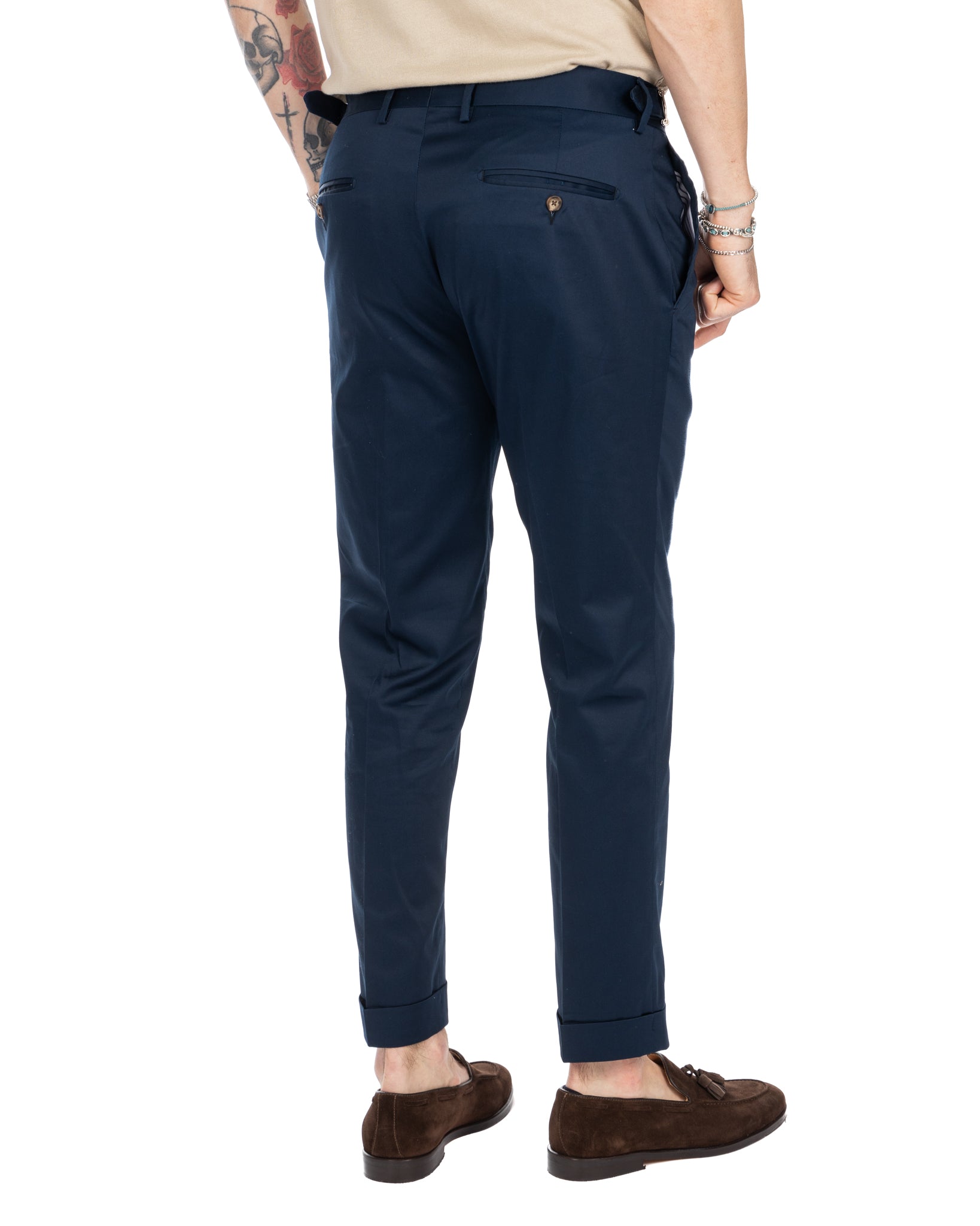 James - pantalon taille haute bleu à boucles