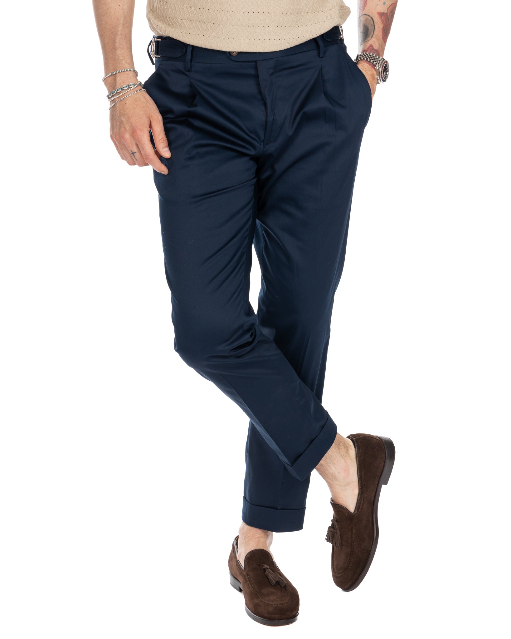 James - pantalon taille haute bleu à boucles