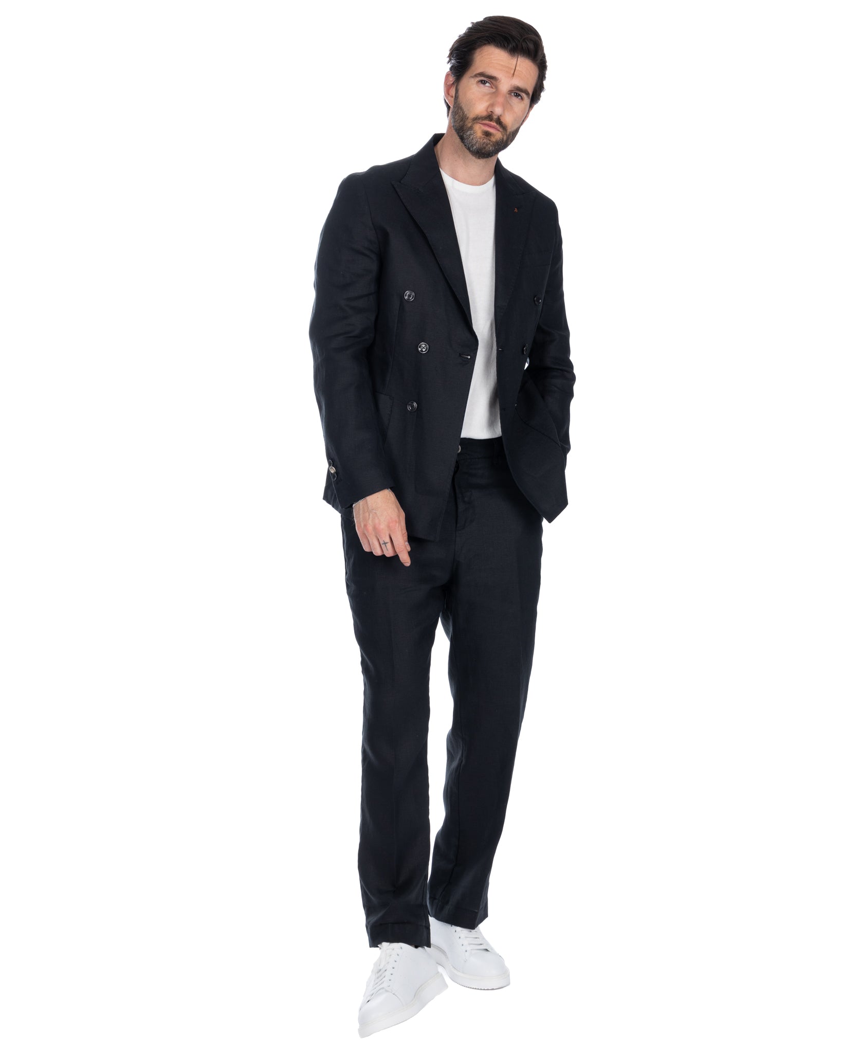 Baunei and Lucas - black double-breasted linen suit