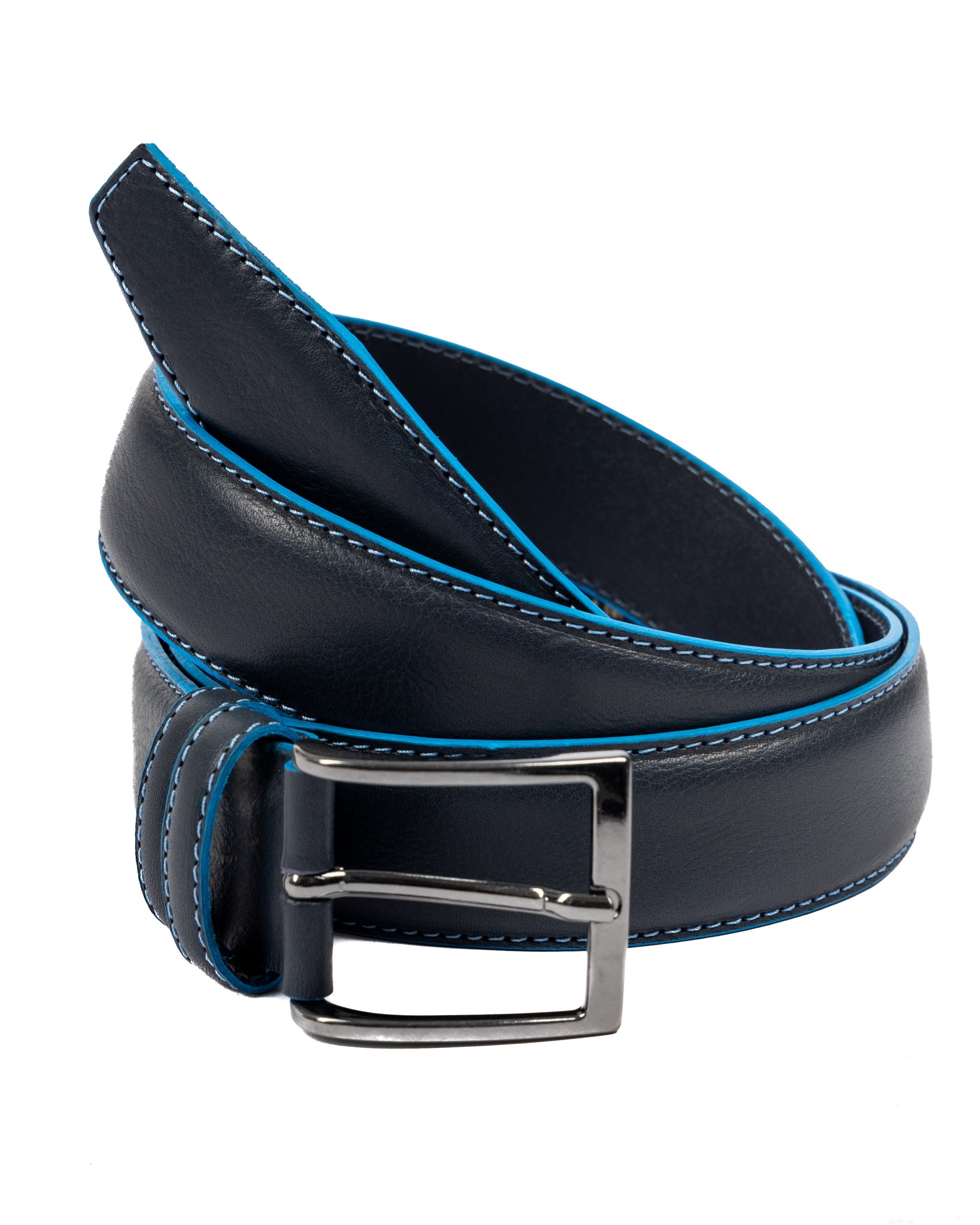Pienza - ceinture en cuir bleu avec surpiqûres contrastées