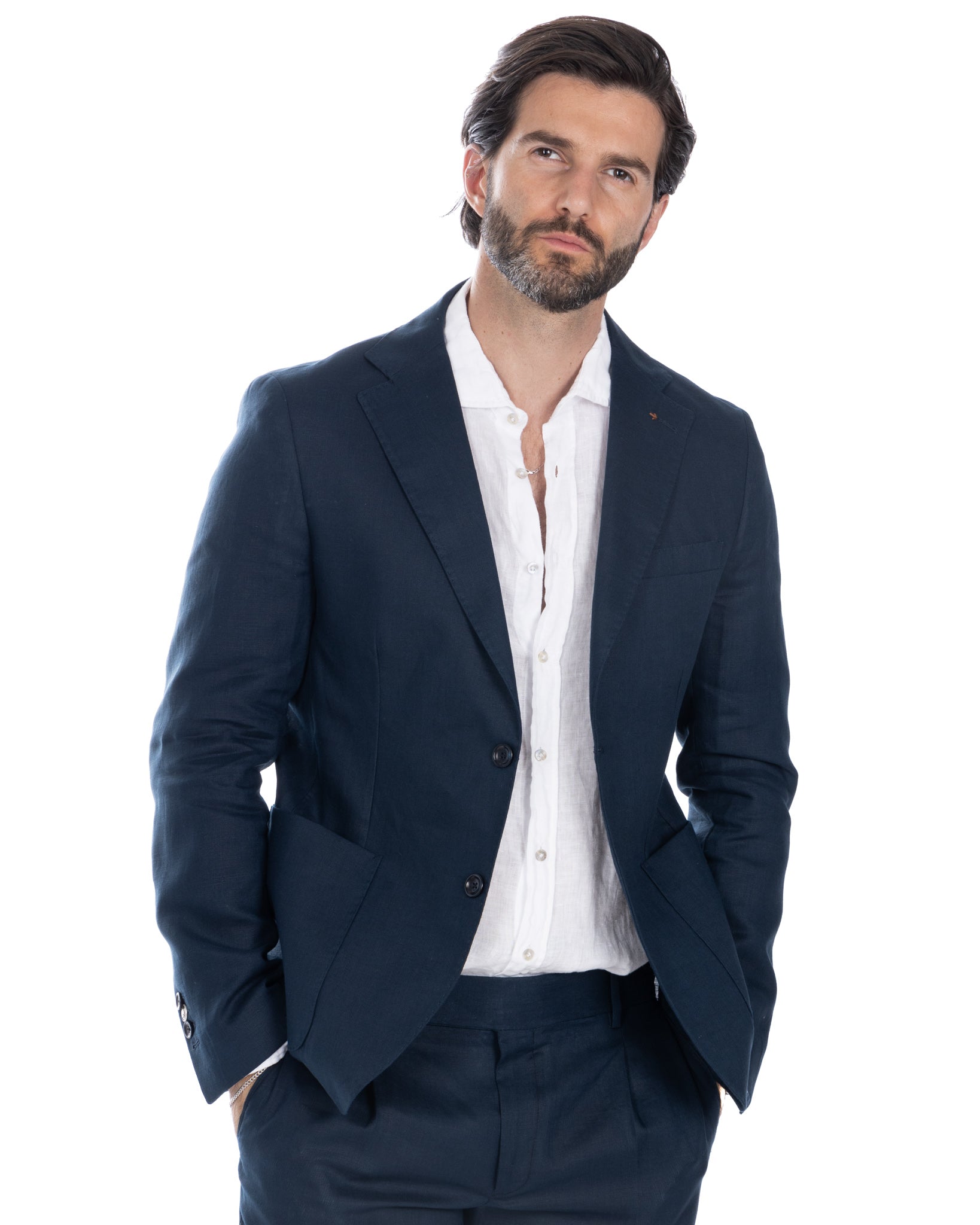 Bosa - blue pure linen single-breasted jacket