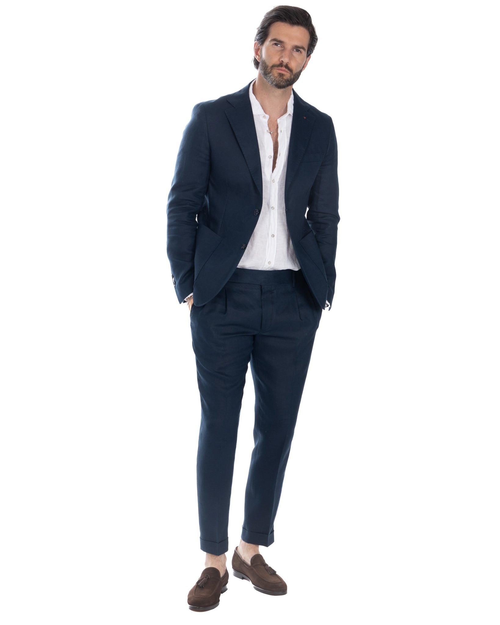 Sorso - pantalone vita alta blu in puro lino