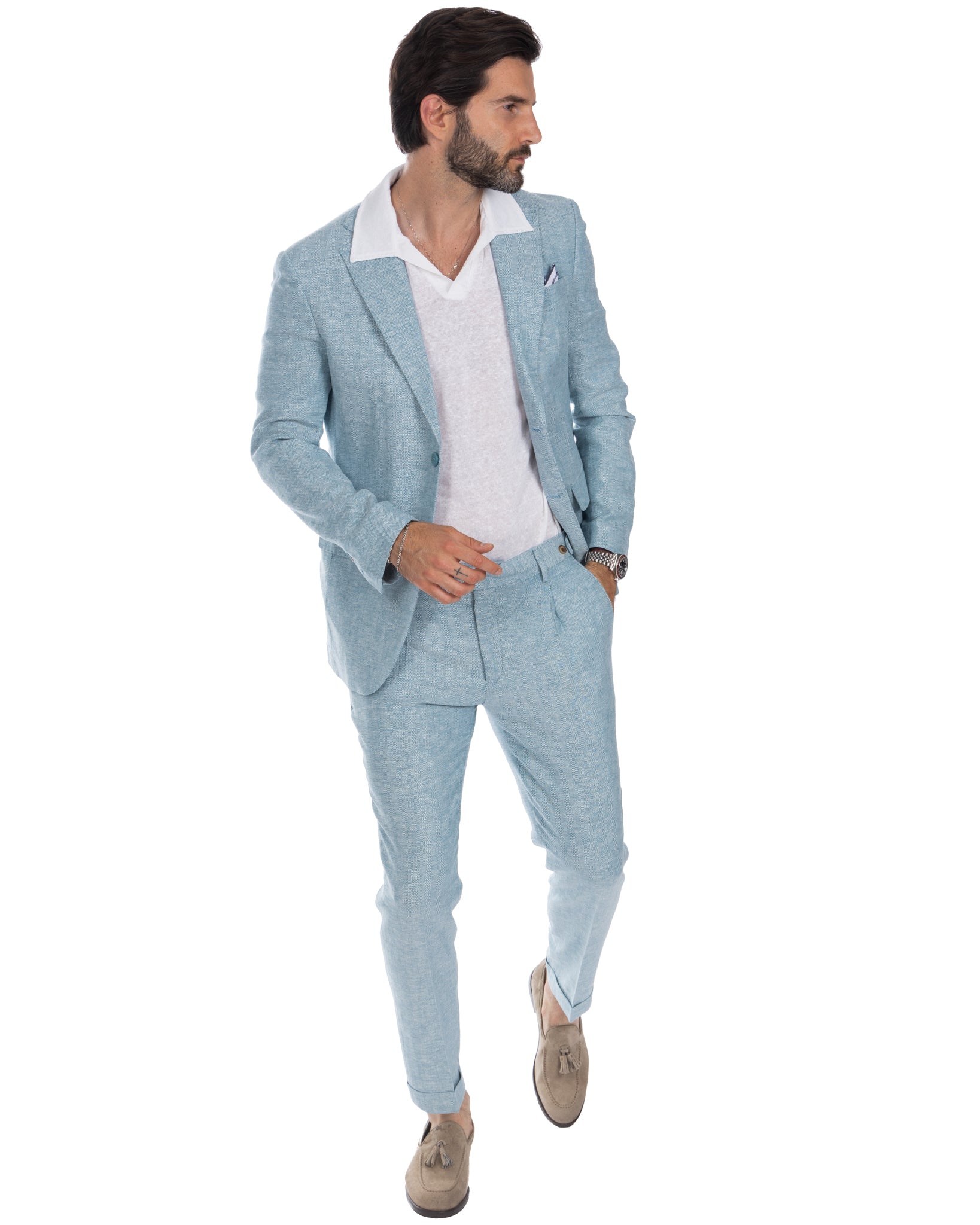 Treia e Moresco - single-breasted blue herringbone suit