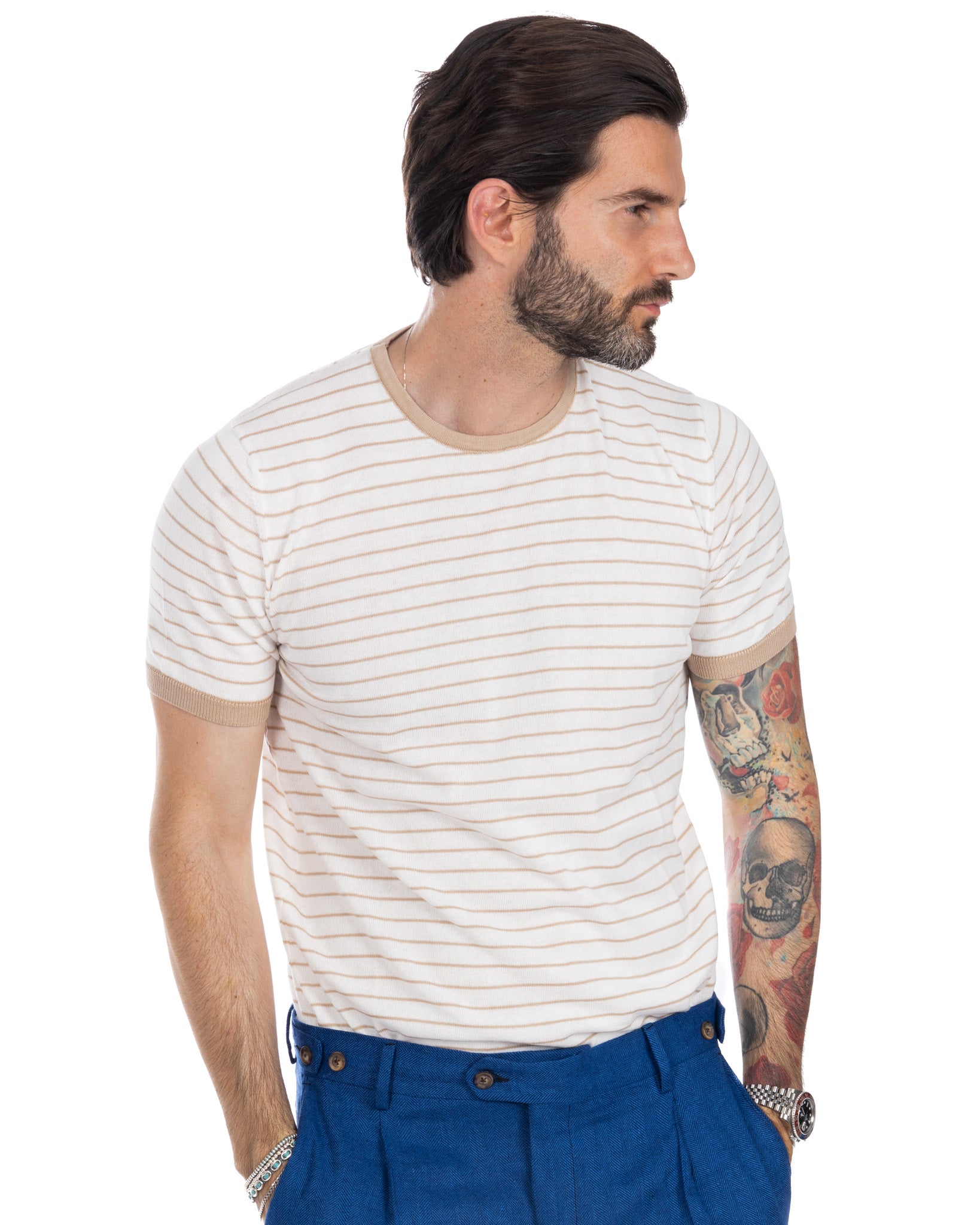 Corrado - t-shirt a maglia righe beige