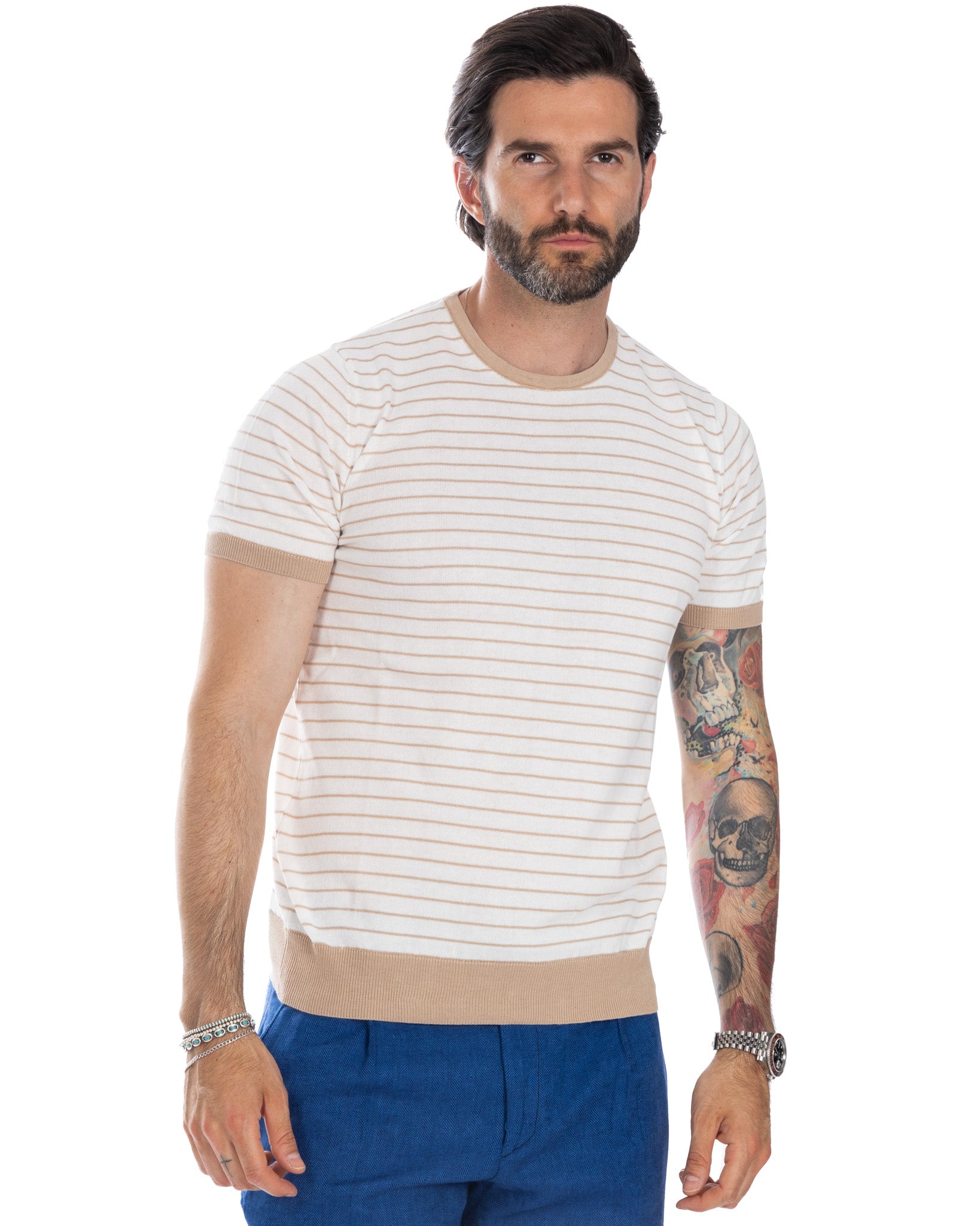 Corrado - t-shirt a maglia righe beige