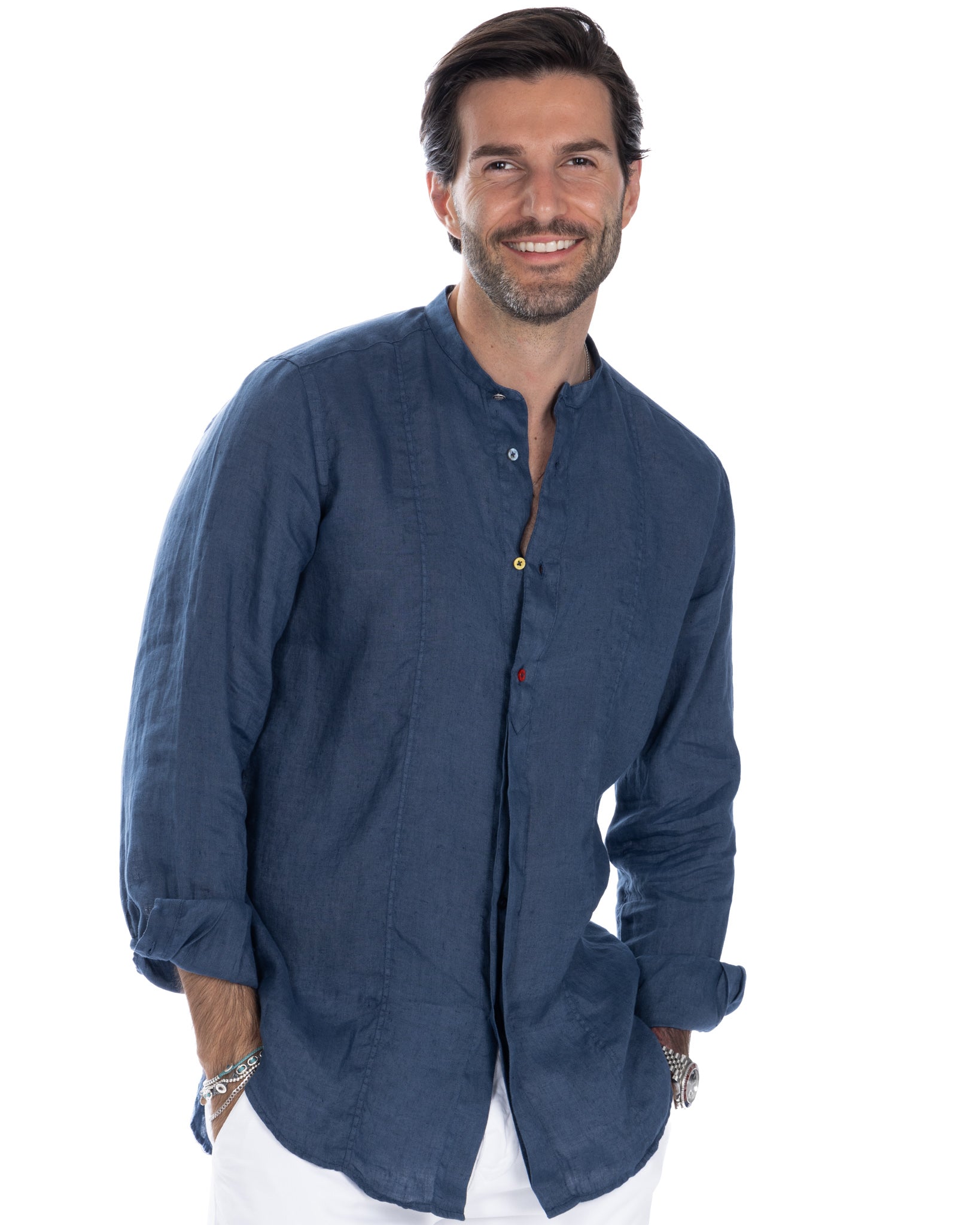 Cannes - royal blue pure linen henley shirt