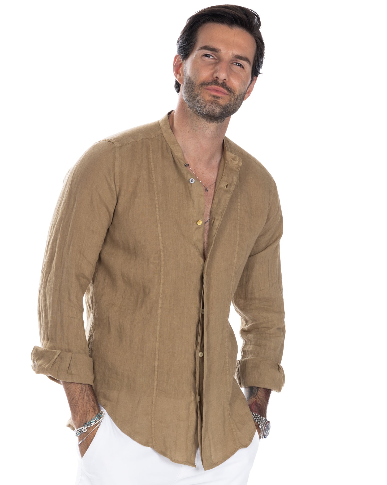 Cannes - henley shirt in pure camel linen