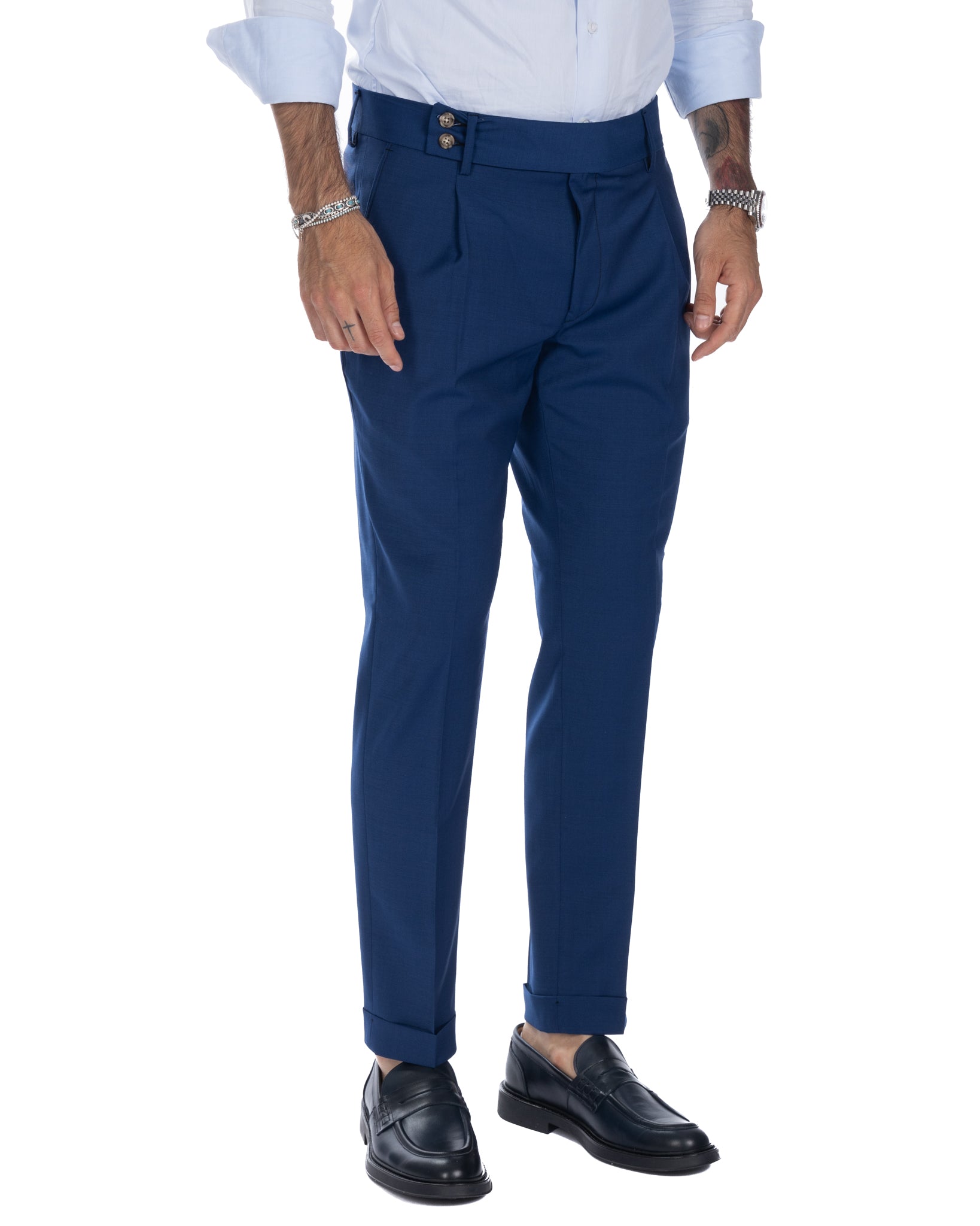 Pantalon italien taille haute bleu en laine mélangée